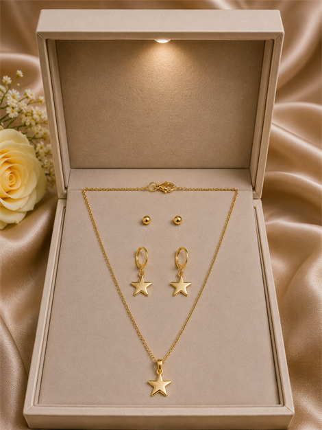 Yıldız Detaylı Gold Renk 3'lü Kolye Küpe Seti