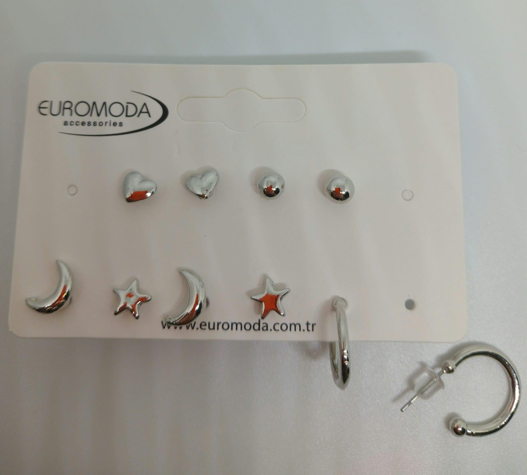 5'li Gümüş Renk Küpe Seti - Ay Yıldız Halka Figürlü Kombin Küpe