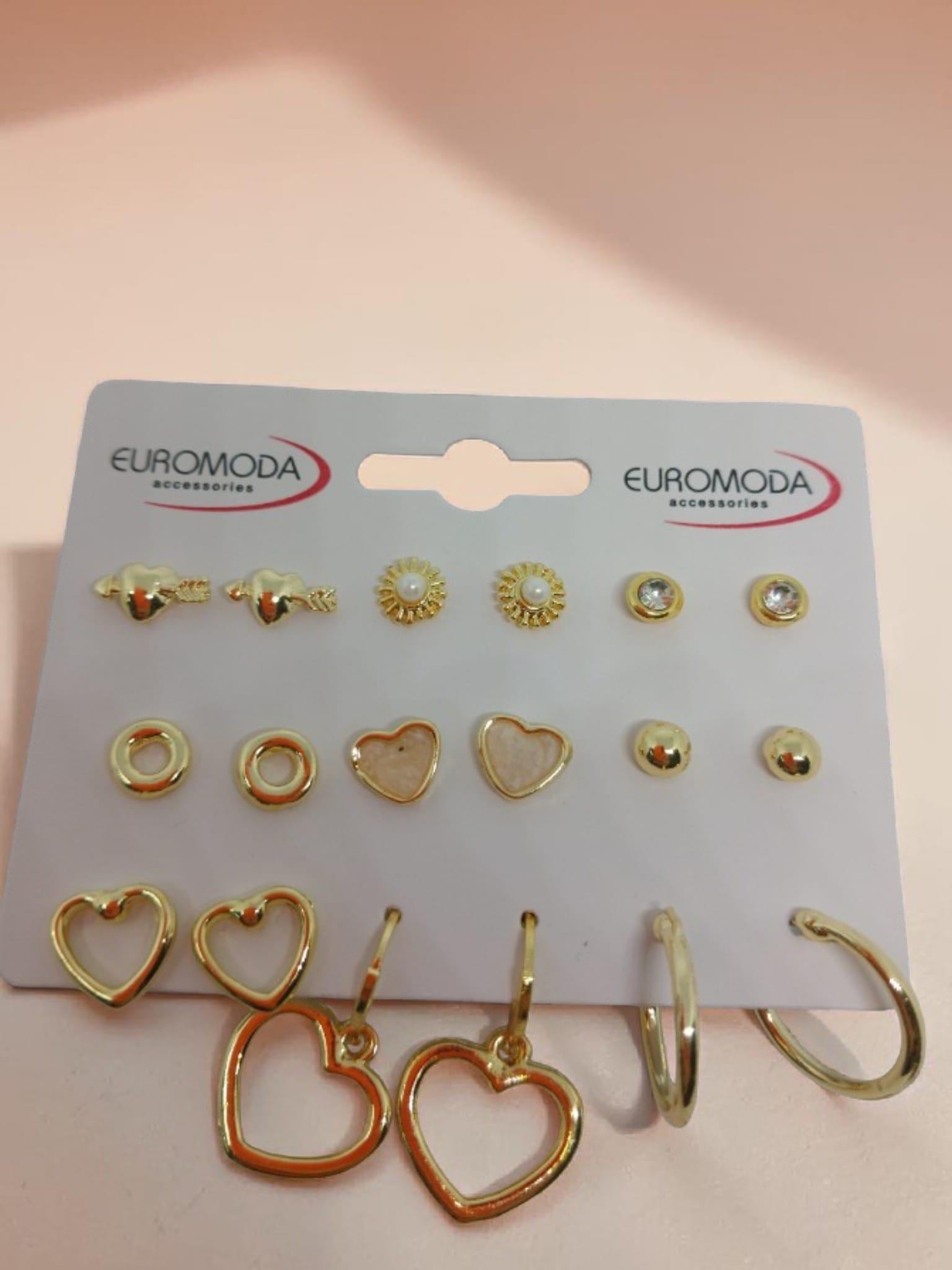 9'lu Gold Renk Küpe Seti - Halka ve Kalp Figürlü Kombin Küpe