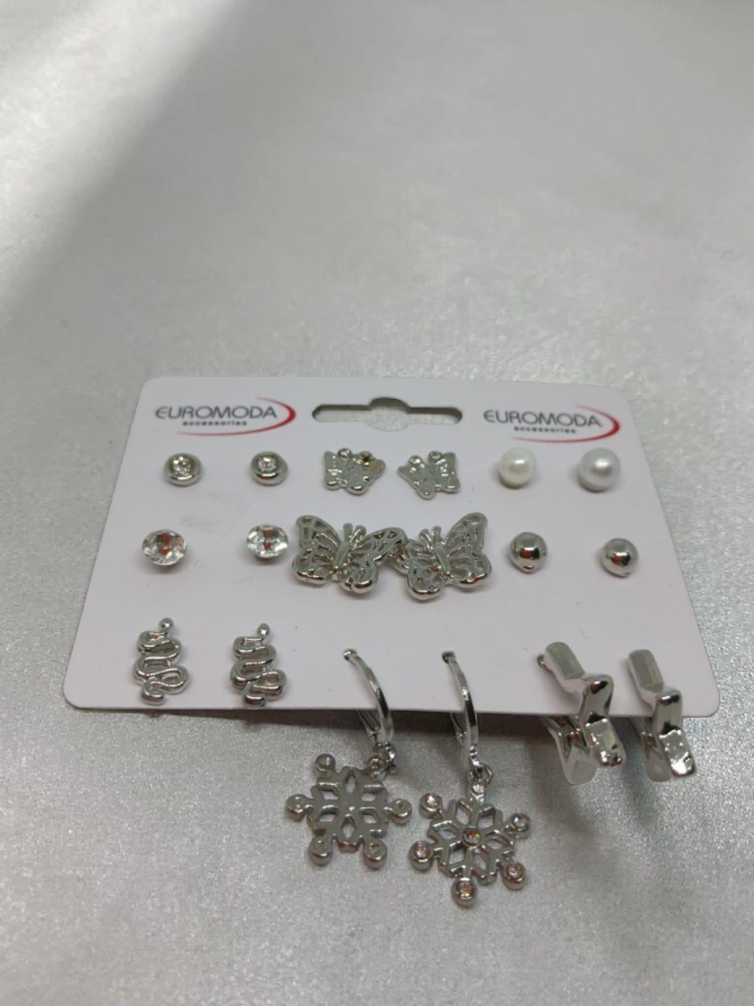 9'lu Gümüş Renk Küpe Seti - Yıldız ve Kar Tanesi Figürlü Kombin Küpe