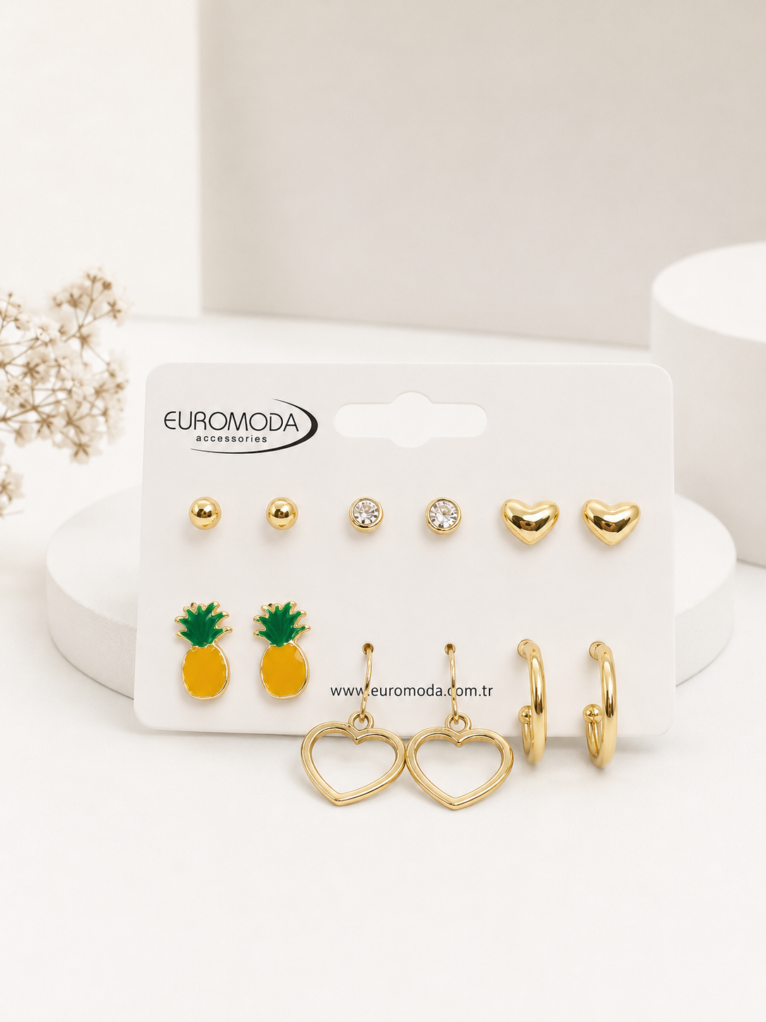 Ananas Detaylı Gold Renk 6'lı Küpe Seti