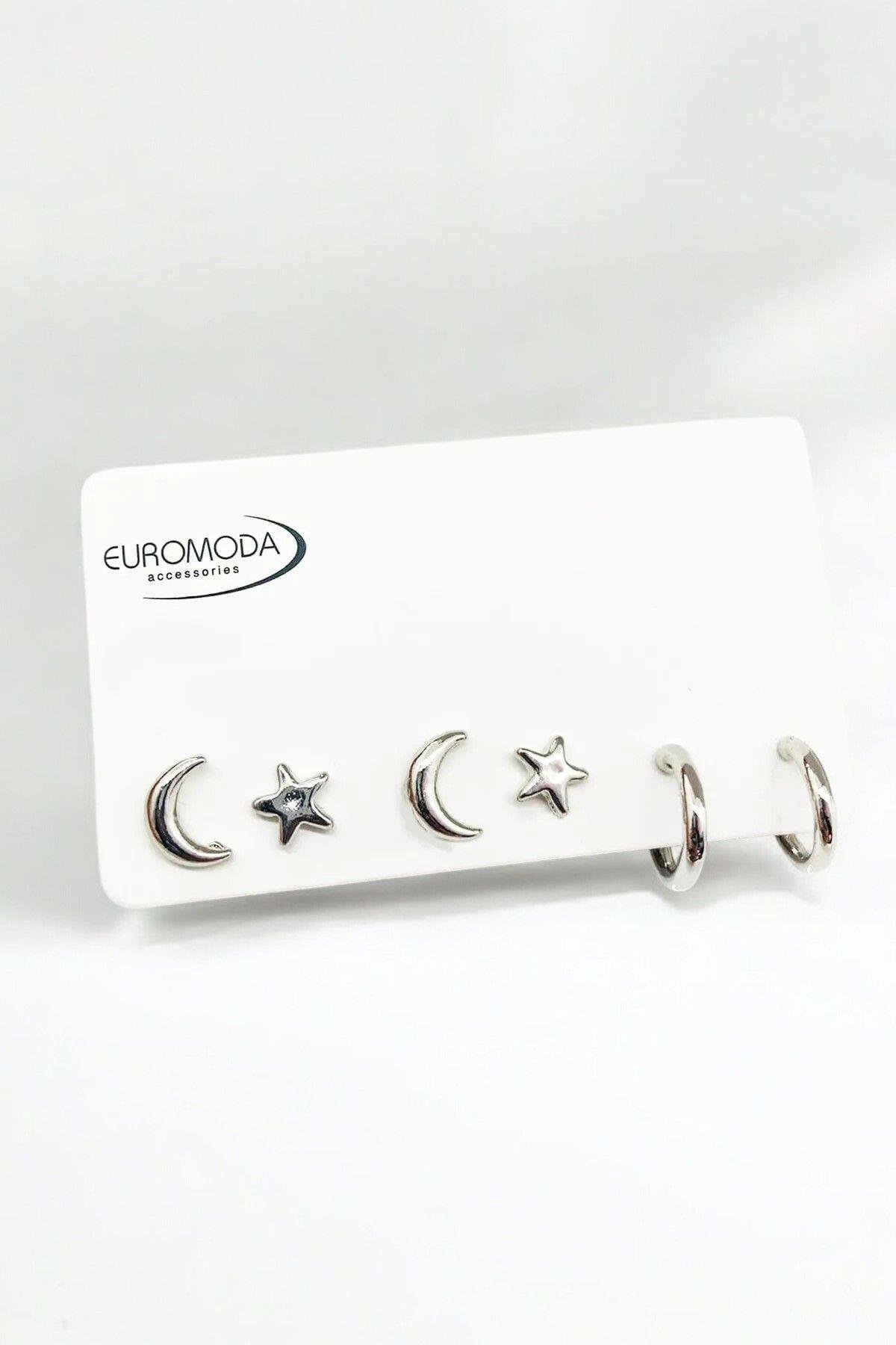 Ay Yıldız Ve Halka Küpeli Gümüş Renkli 6lı Küpe Seti