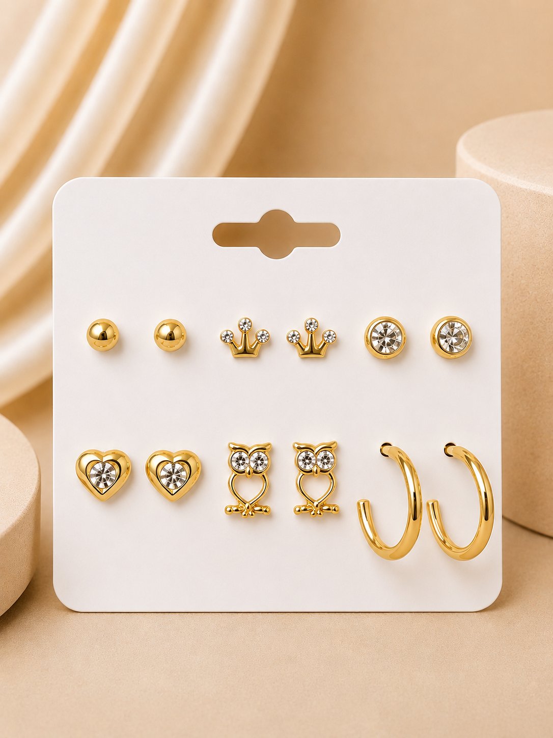 Baykuş Kalp Detaylı Gold Renk 6'lı Küpe Seti
