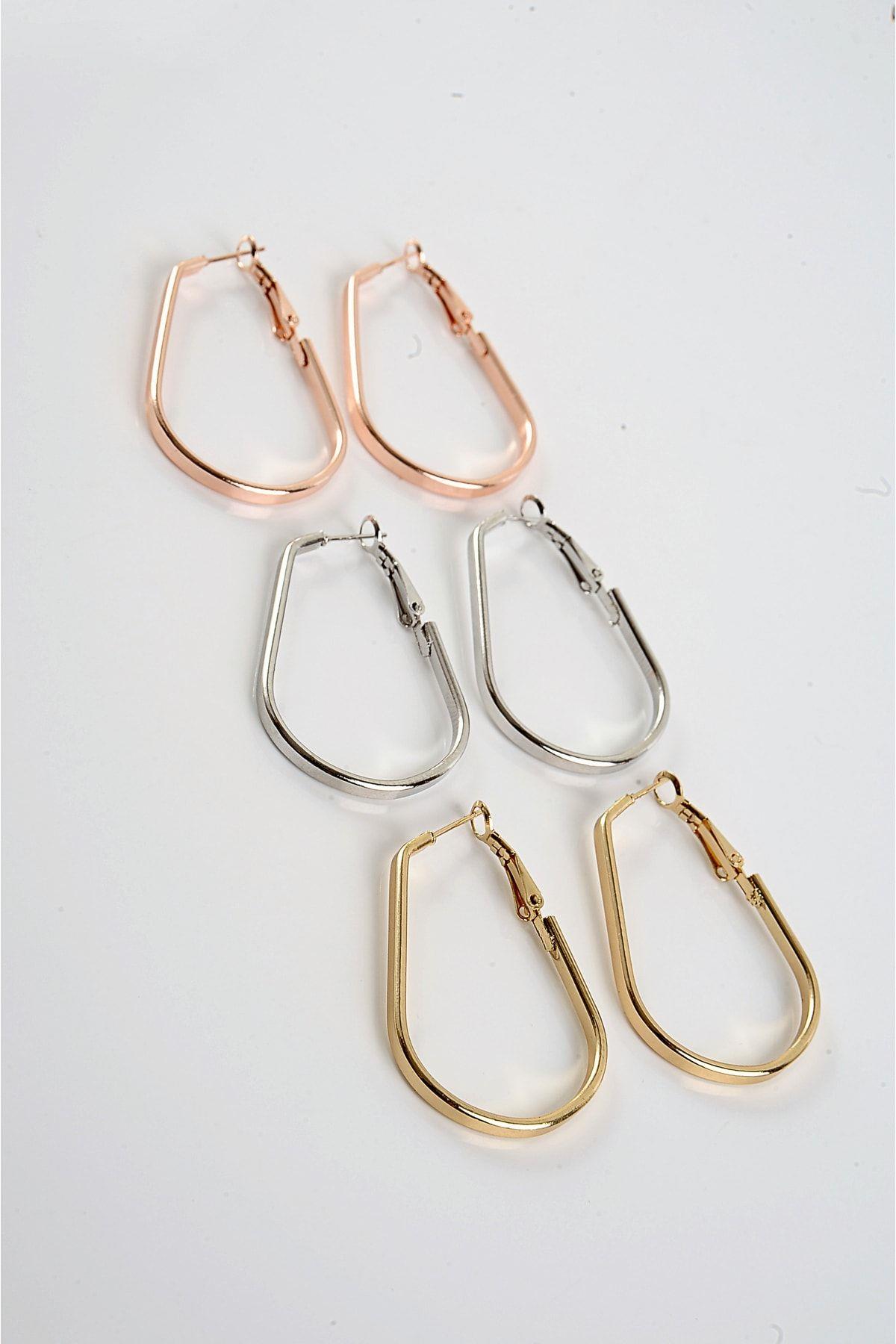 Damla Tasarımlı Gold Gümüş ve Rose Renkleri ve Tektaşlı 6'lı Halka Küpe Seti