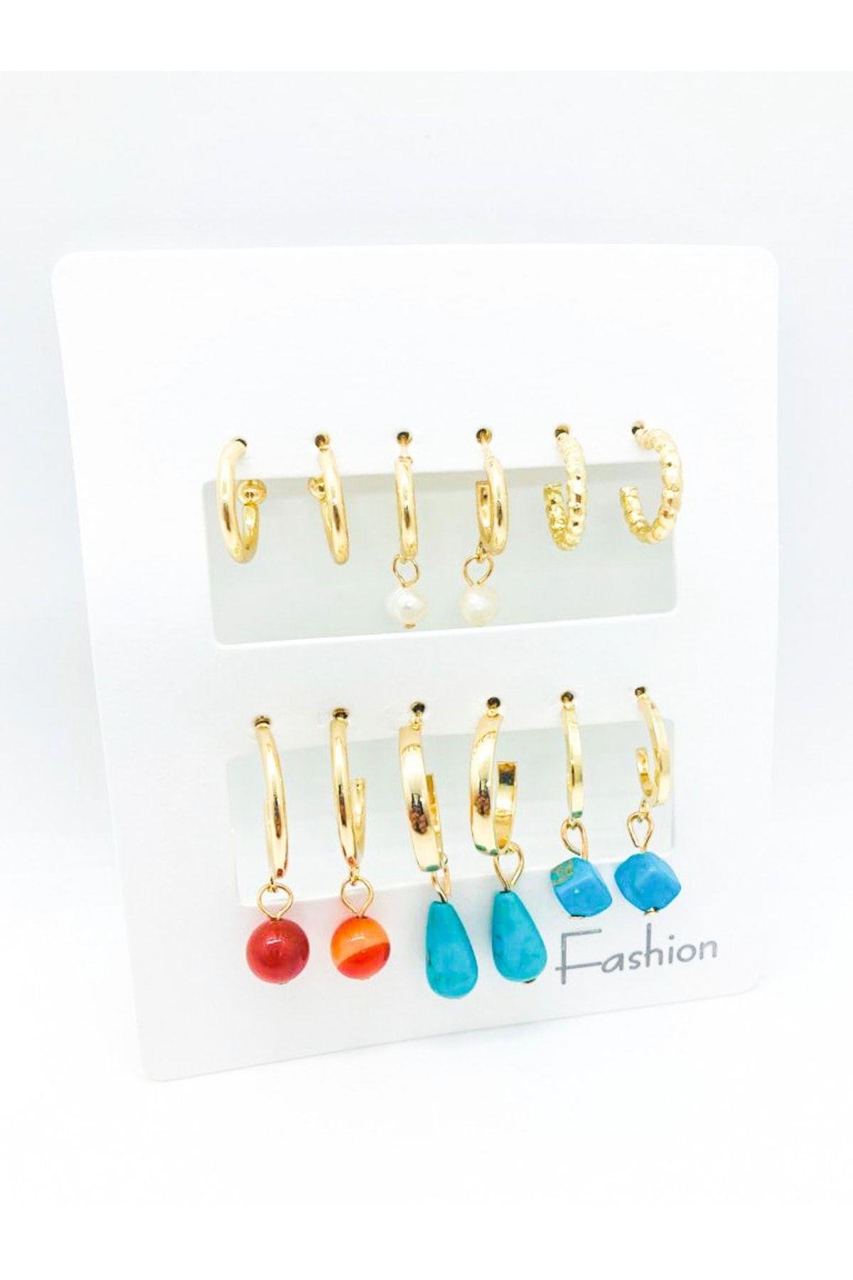 Damla Tasarımlı Inci Ve Boncuk Küpeli Ve Halka Küpeli 12li Küpe Seti