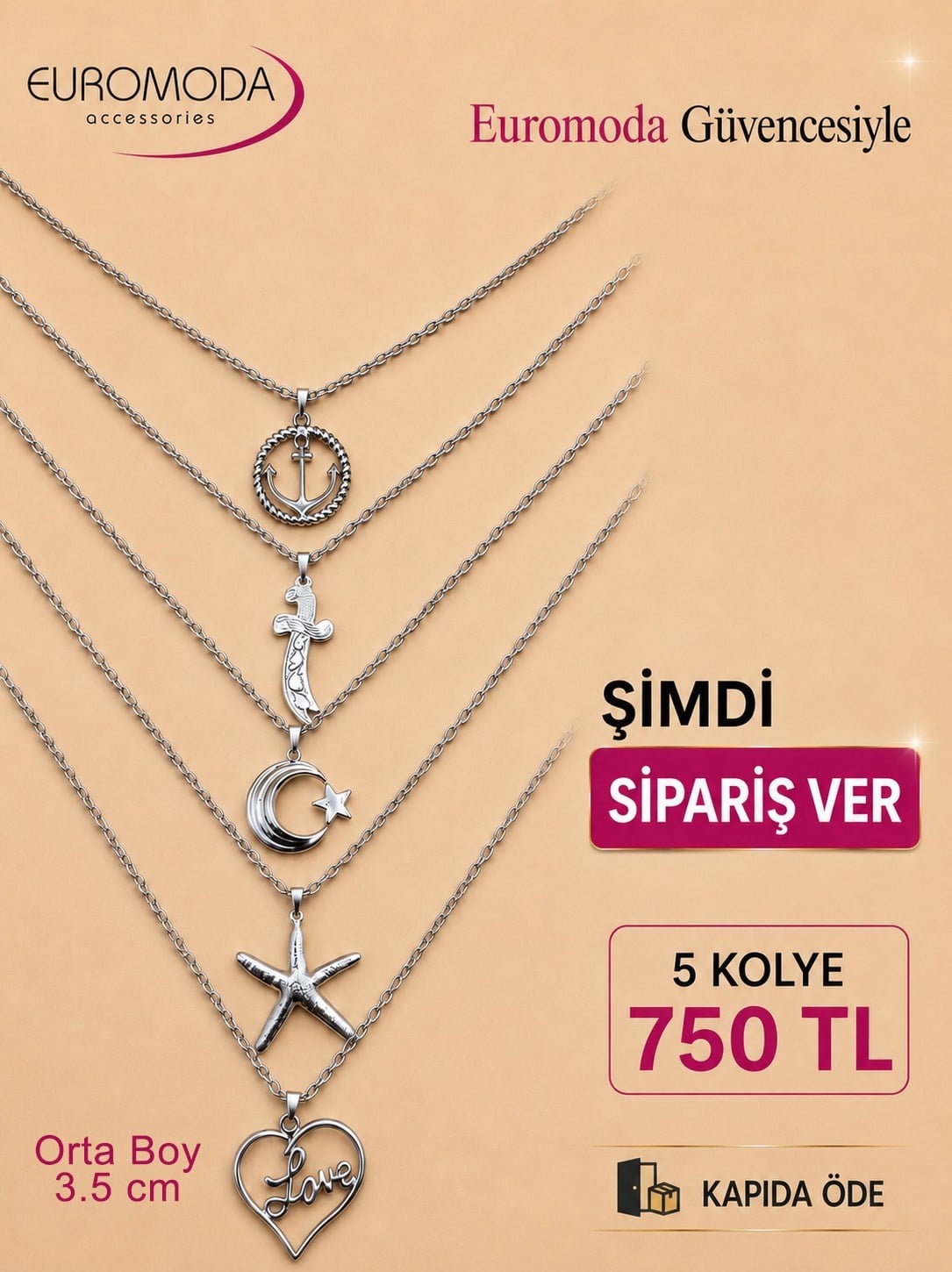 Deniz Yıldızı Çapa Detaylı  5 Adet Zincir Kolye