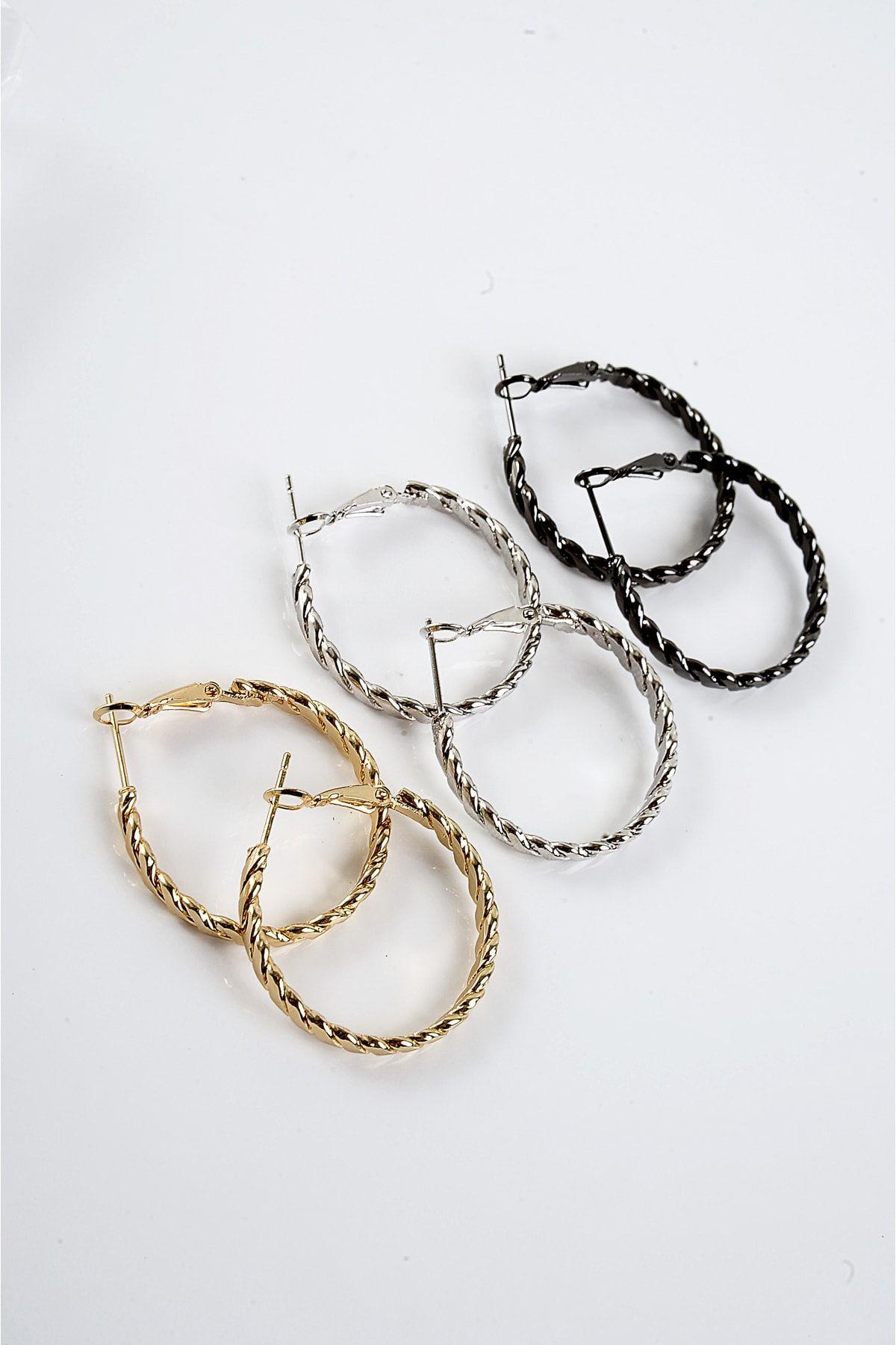 Gold Gümüş ve Siyah Renkleri 3'lü Halka Küpe Seti