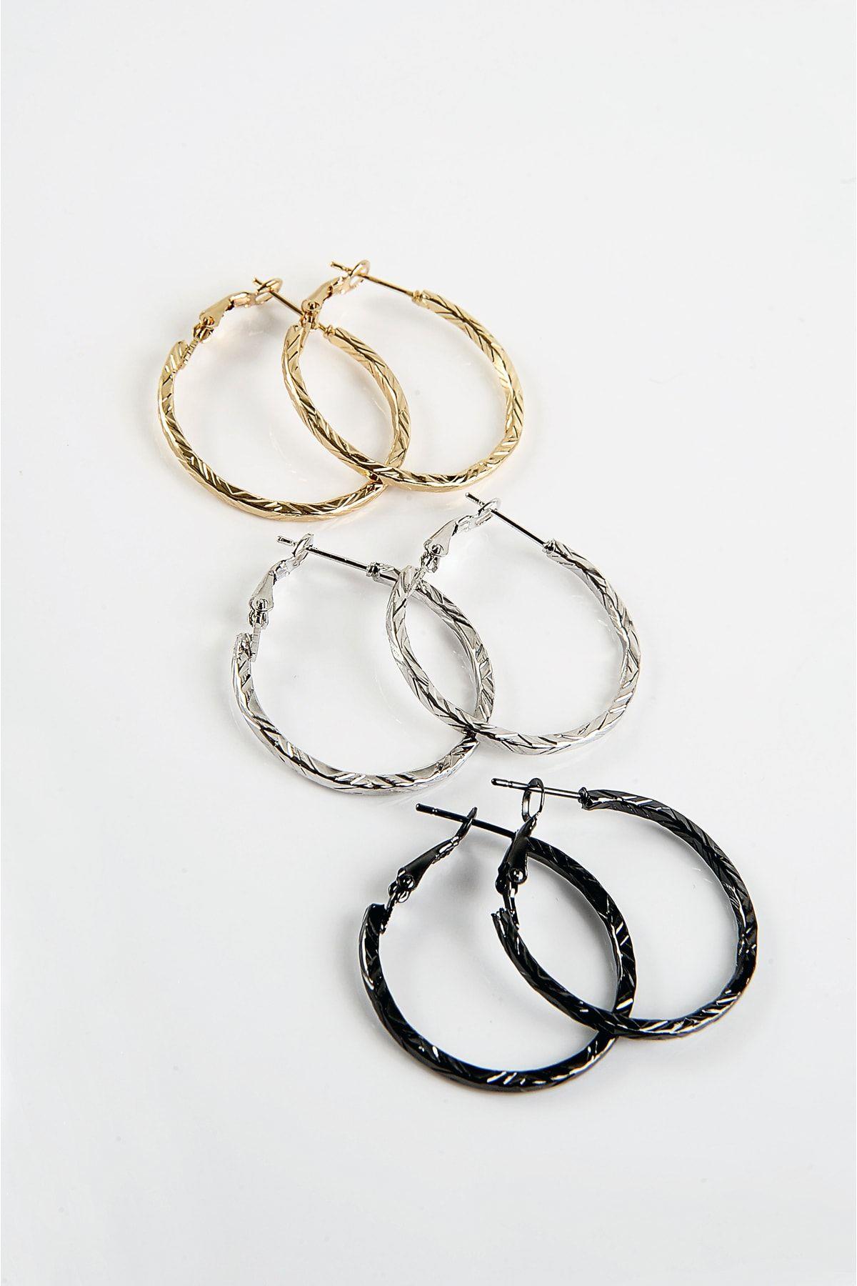 Gold Gümüş ve Siyah Renkleri 3'lü Halka Küpe Seti