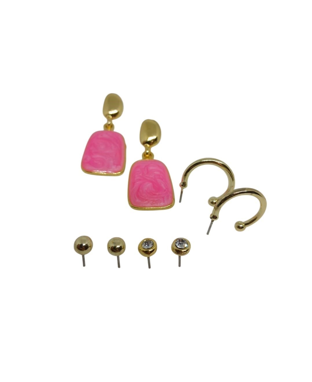 Gold  Pembe Mineli Vidalı 4'lü Küpe Seti 