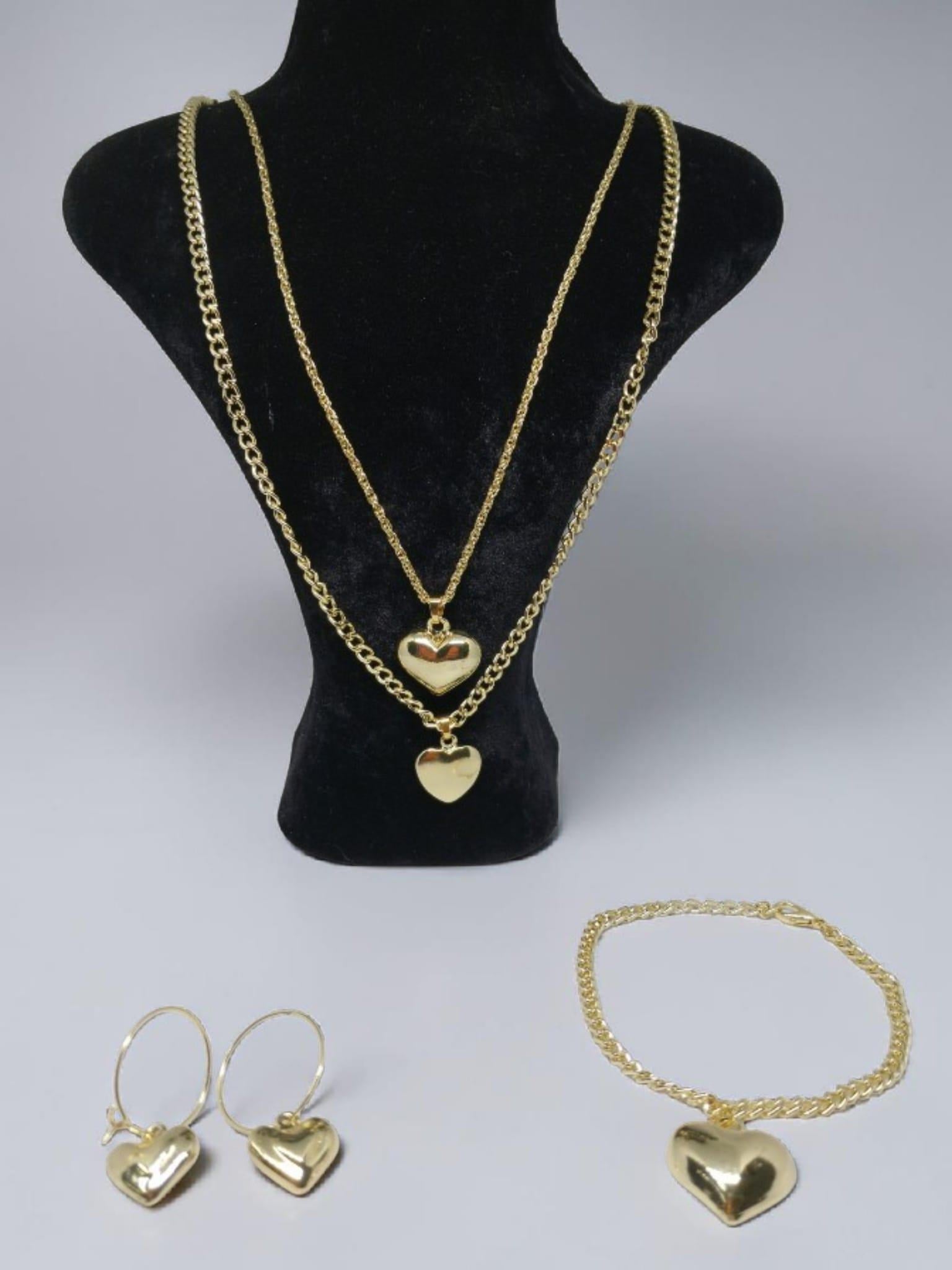 Gold Renk Gurmet Zincir Kalp Kolye Bileklik Küpe Seti