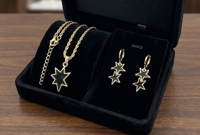 Gold Renk Yıldızlar Detaylı Kolye Küpe Seti