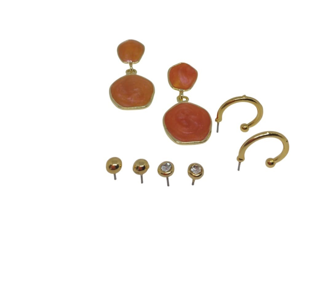 Gold Yuvarlak Kahverengi Mineli Vidalı 4'lü Küpe Seti 
