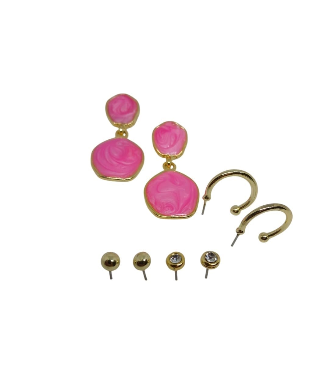 Gold Yuvarlak Pembe Mineli Vidalı 4'lü Küpe Seti 