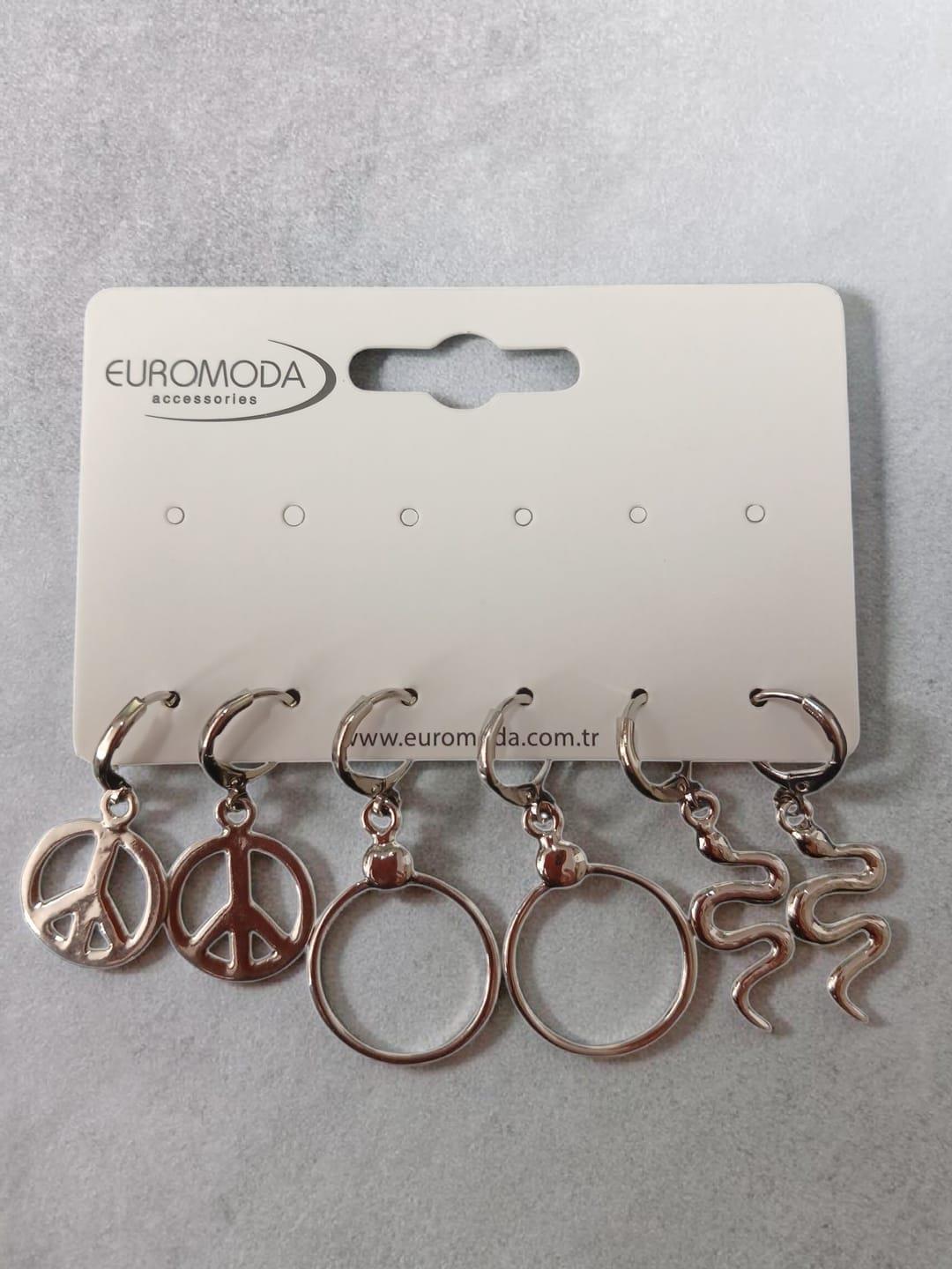 Gümüş Renk 3'lü Küpe Seti Barış Sembolü Halka ve Yılan Figürlü Kombin Küpe