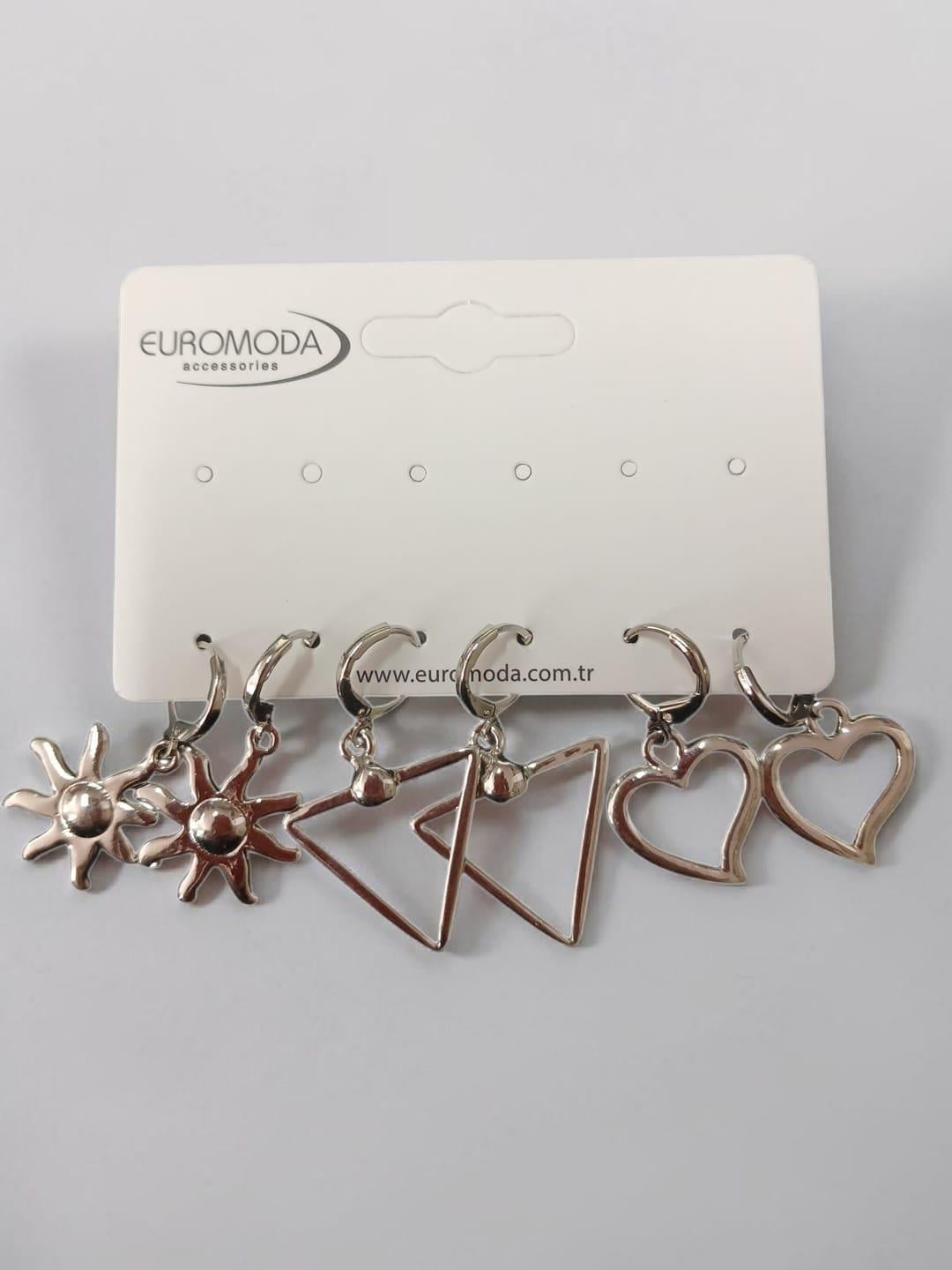 Gümüş Renk 3'lü Küpe Seti - Güneş Üçgen ve Kalp Figürlü Kombin Küpe