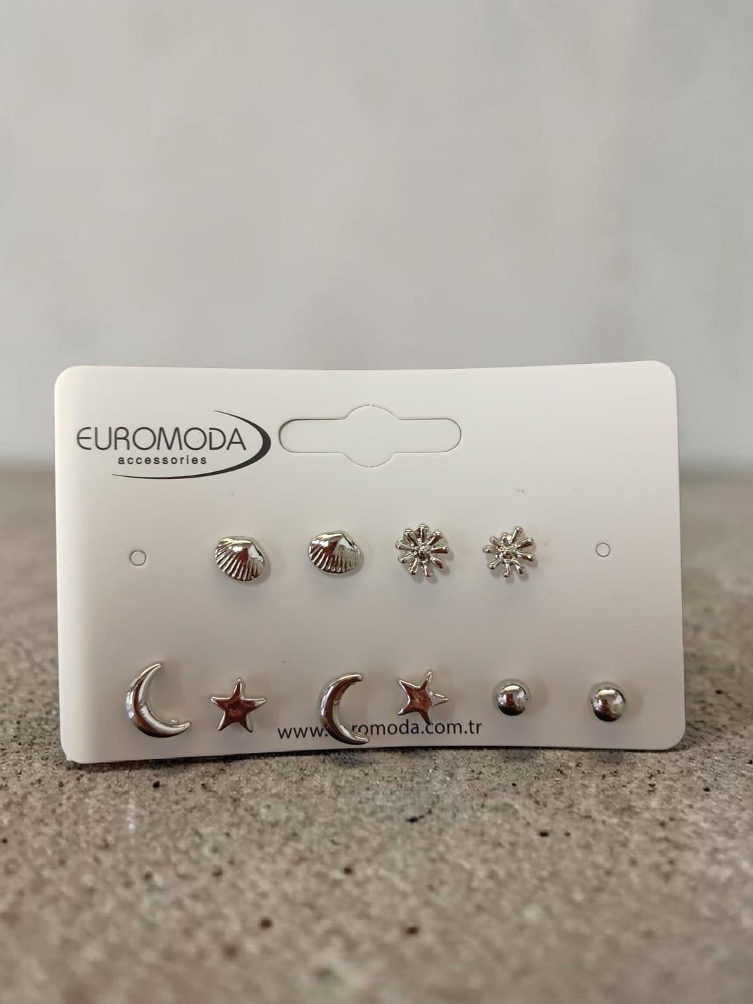 Gümüş Renk 5'li Çift Küpe Seti - Ay Yıldız ve Deniz Kabuğu Figürlü Minimal Küpe Kombini