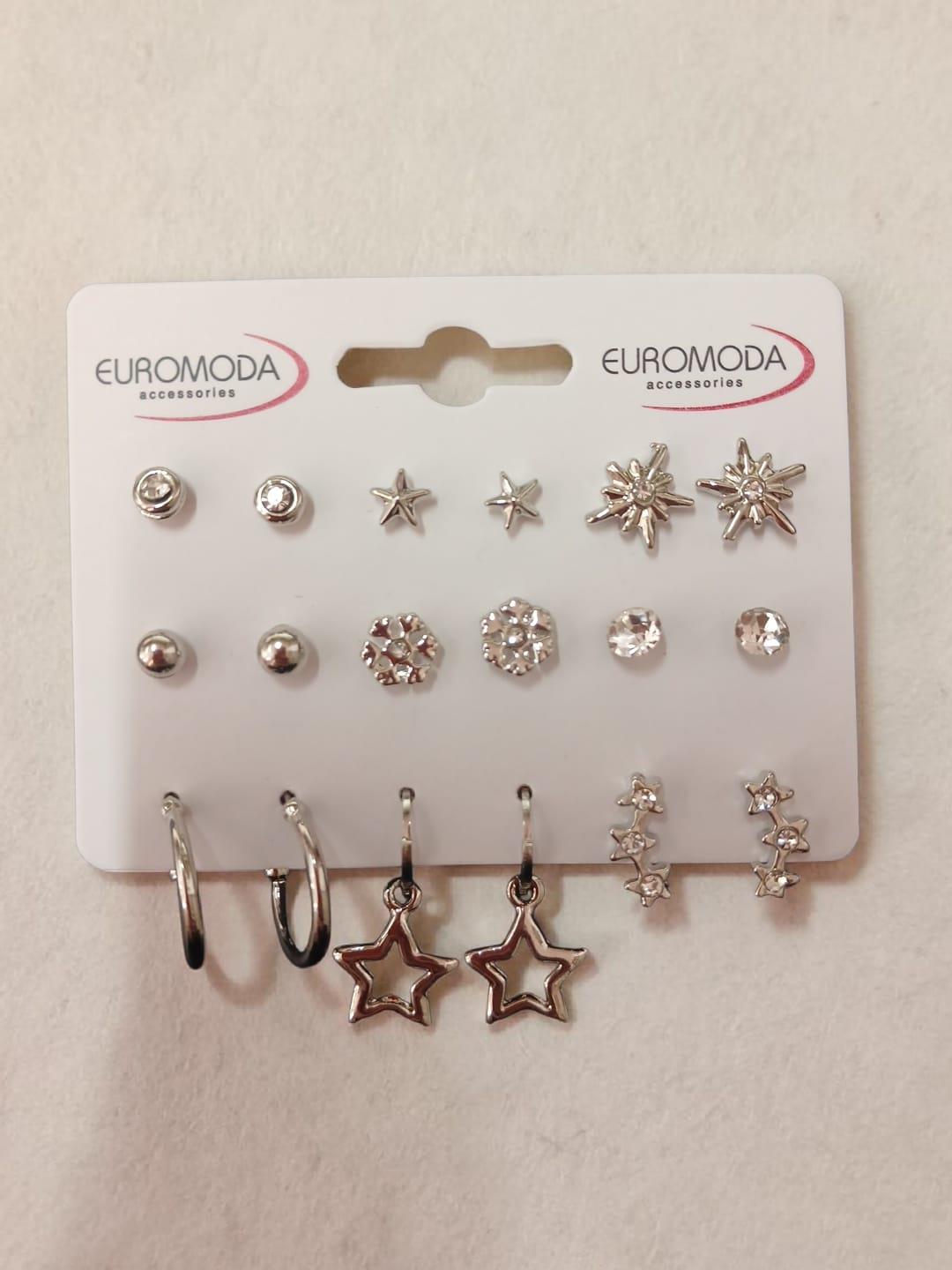 Gümüş Renk 9'lu Çift Küpe Seti - Yıldız, Güneş ve Halka Figürlü Çoklu Kombin Küpe Paketi