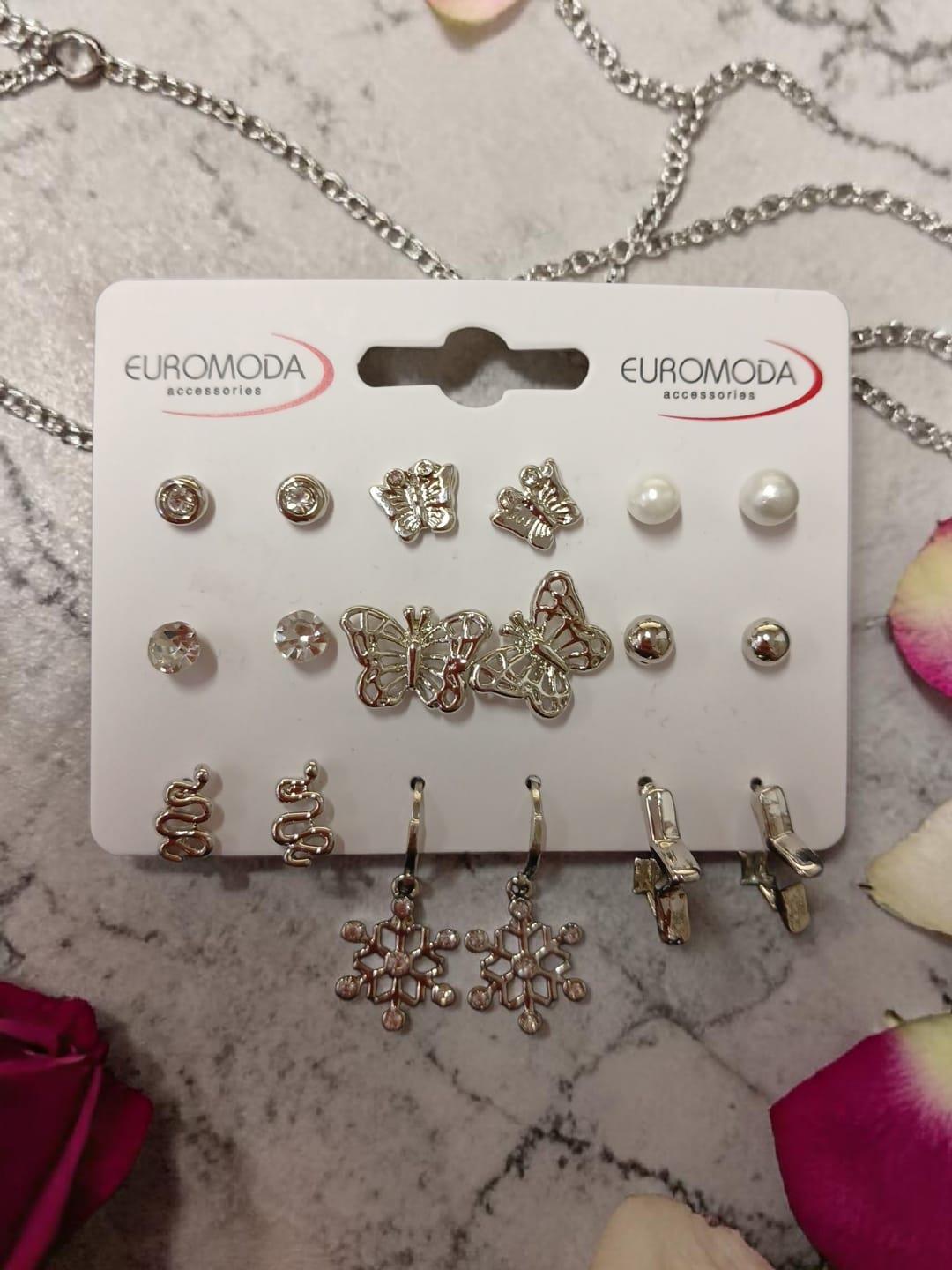 Gümüş Renk 9'lu Küpe Seti - Kar Tanesi ve Yılan Figürlü Çoklu Kombin Küpe Paketi