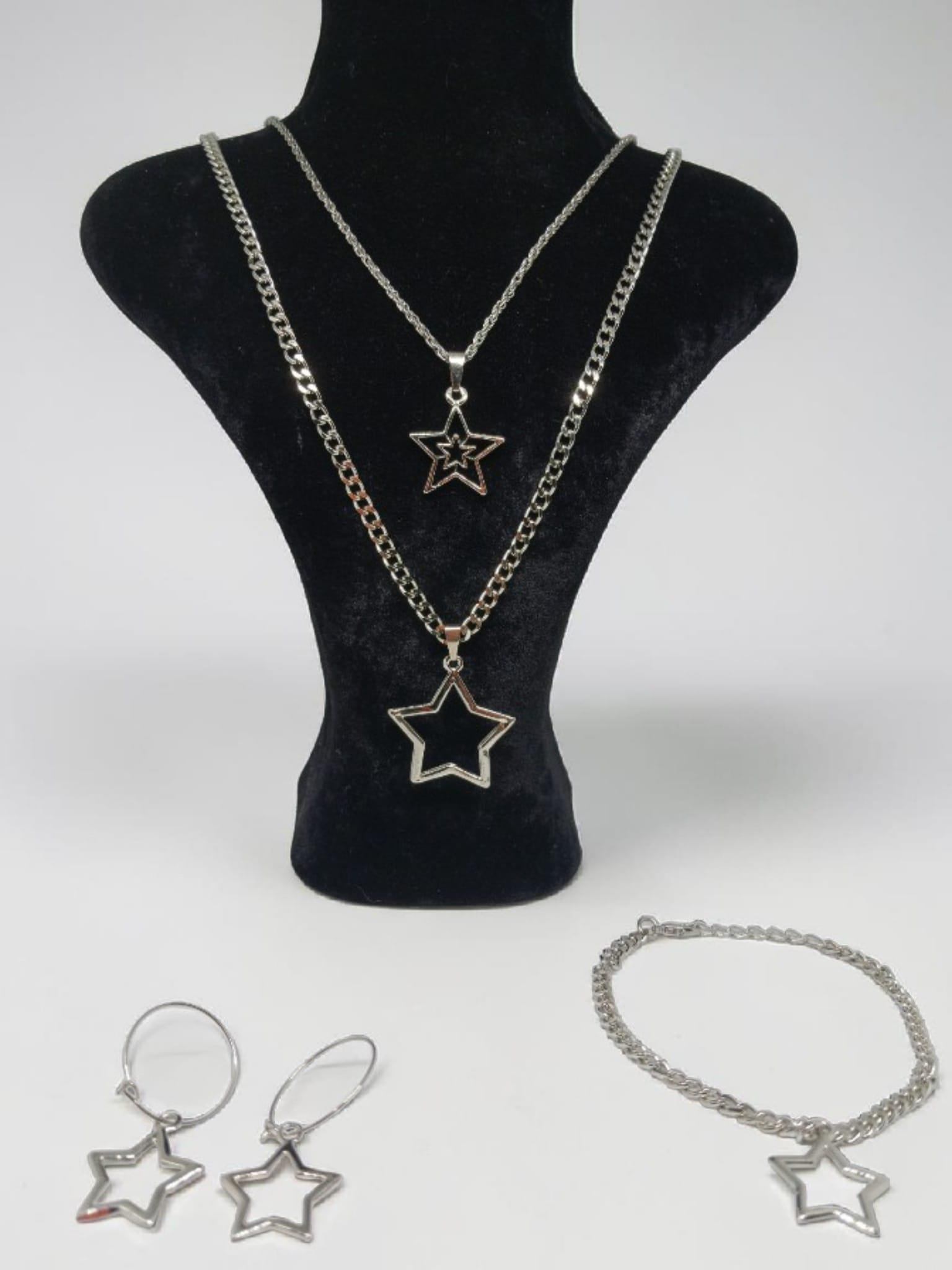 Gümüş Renk Gurmet Zincir Yıldız Kolye Bileklik Küpe Seti