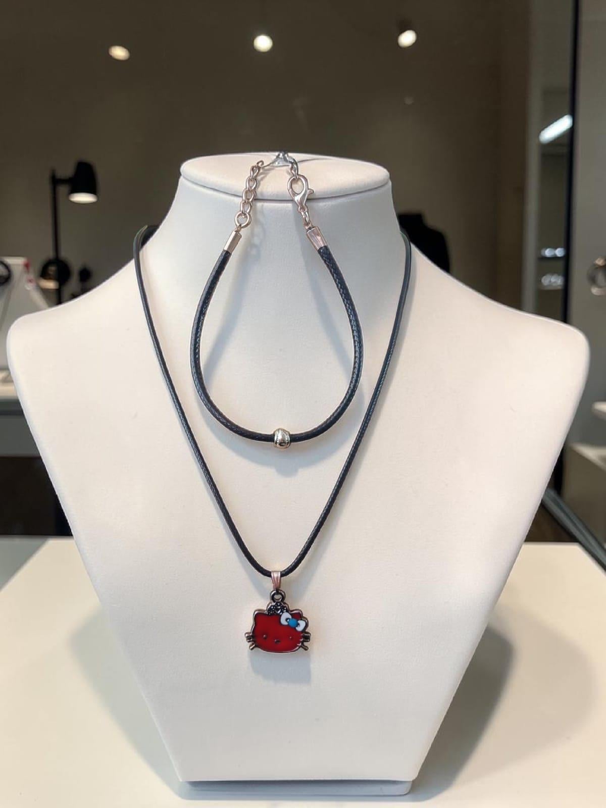 Hello Kitty Figürlü Siyah İpli Kolye ve Bileklik İkili Set