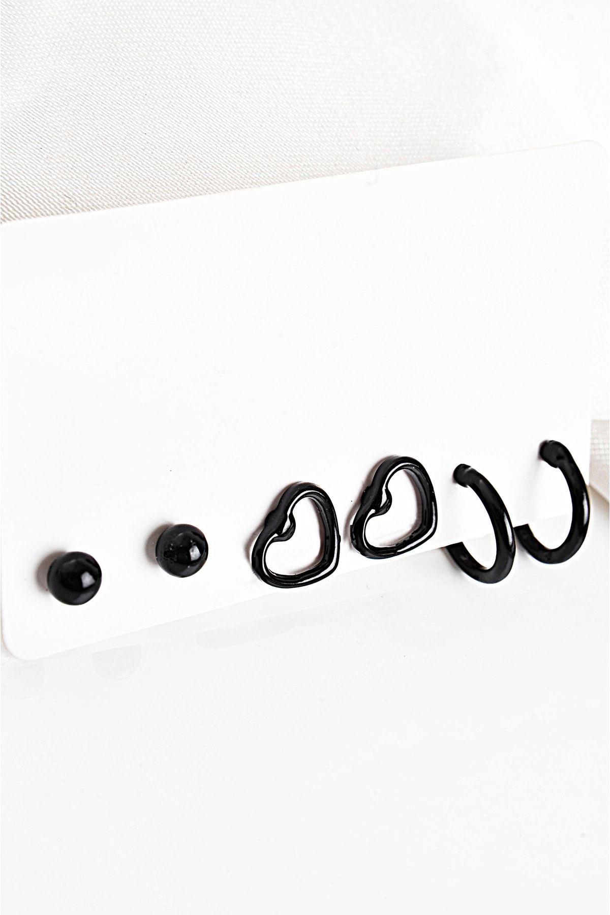 Kalp Tasarımlı Top Ve Halka Küpeli Siyah Renkli Küpe Seti