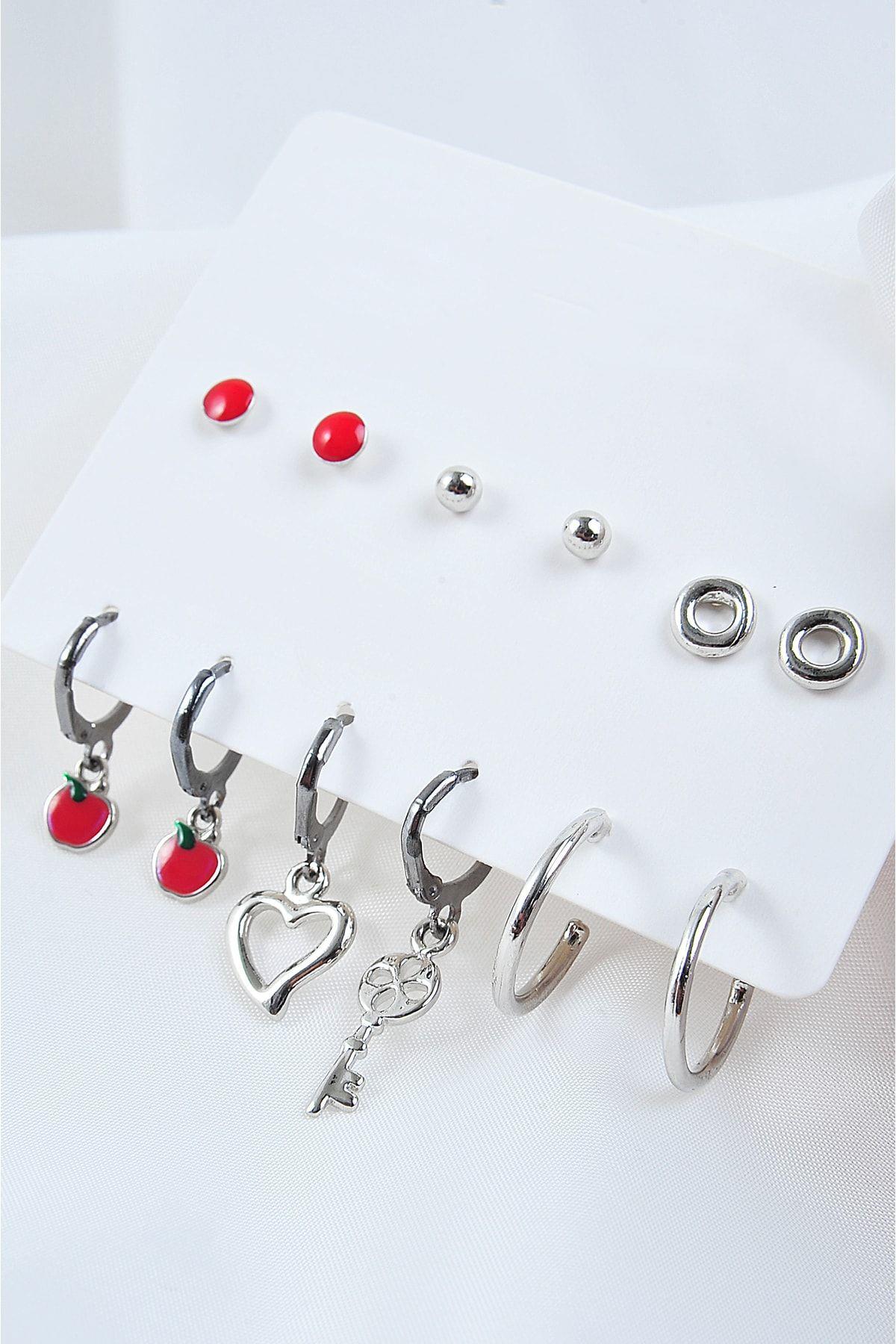 Kalp Ve Anahtar Tasarımlı Halka Küpeli Kadın 12li Küpe Seti