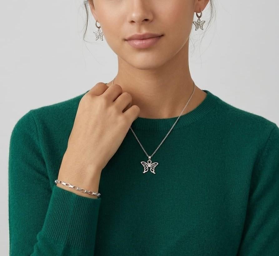 Kelebek Figürlü 3'lü Kolye Küpe Bileklik Takı Seti