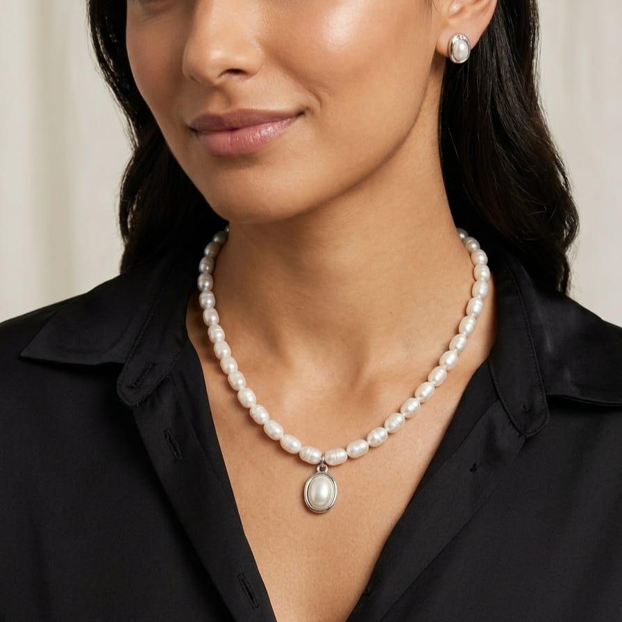 Oval Kesim İnci Kolye ve Küpe Seti