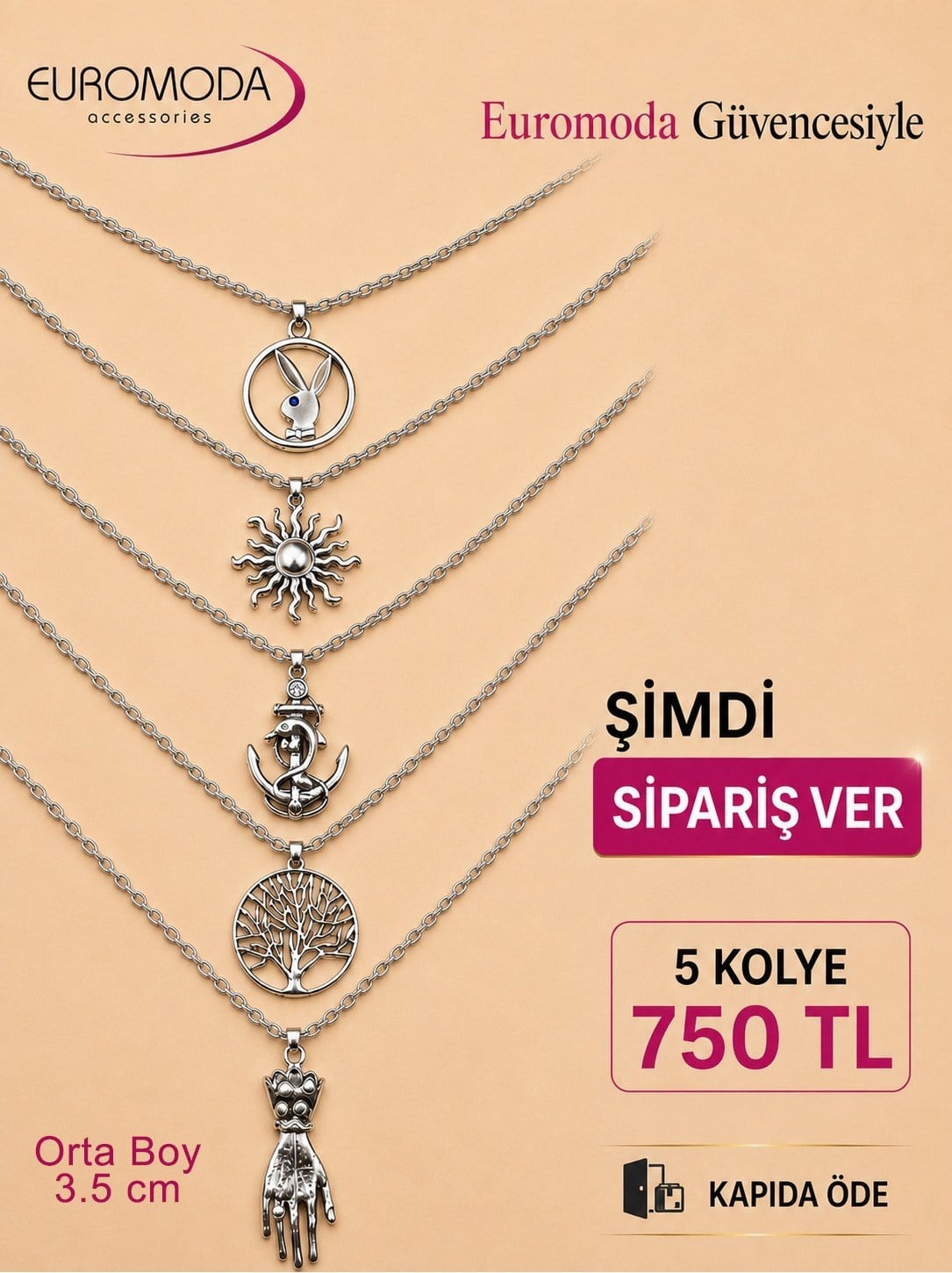 Tavşan Hayat Ağacı  Güneş Detaylı 5 Adet Zincir Kolye