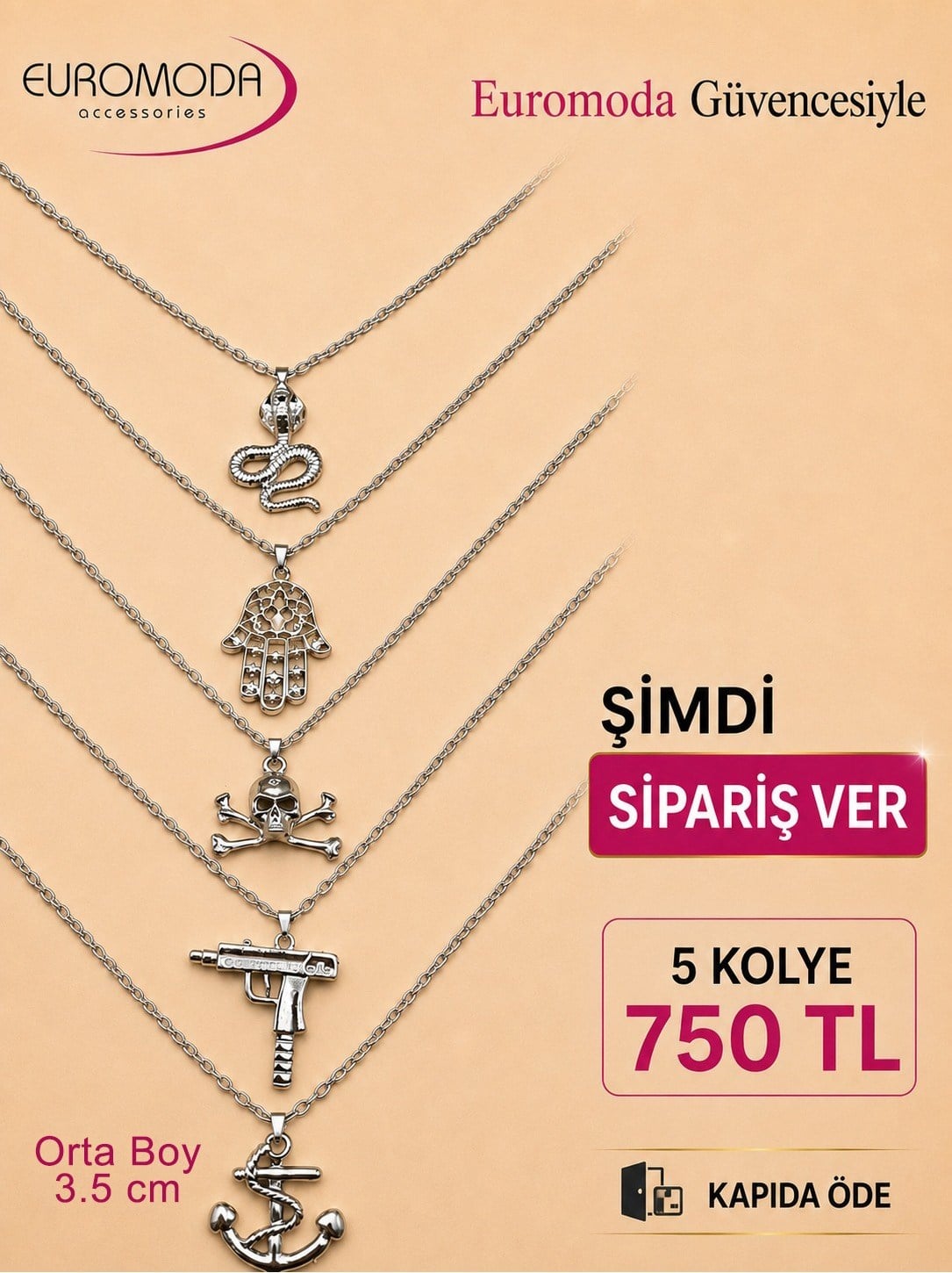Yılan Çapa El Detaylı 5 Adet Zincir Kolye