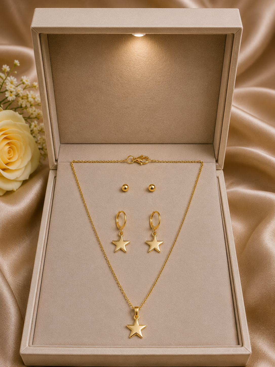 Yıldız Detaylı Gold Renk 3'lü Kolye Küpe Seti