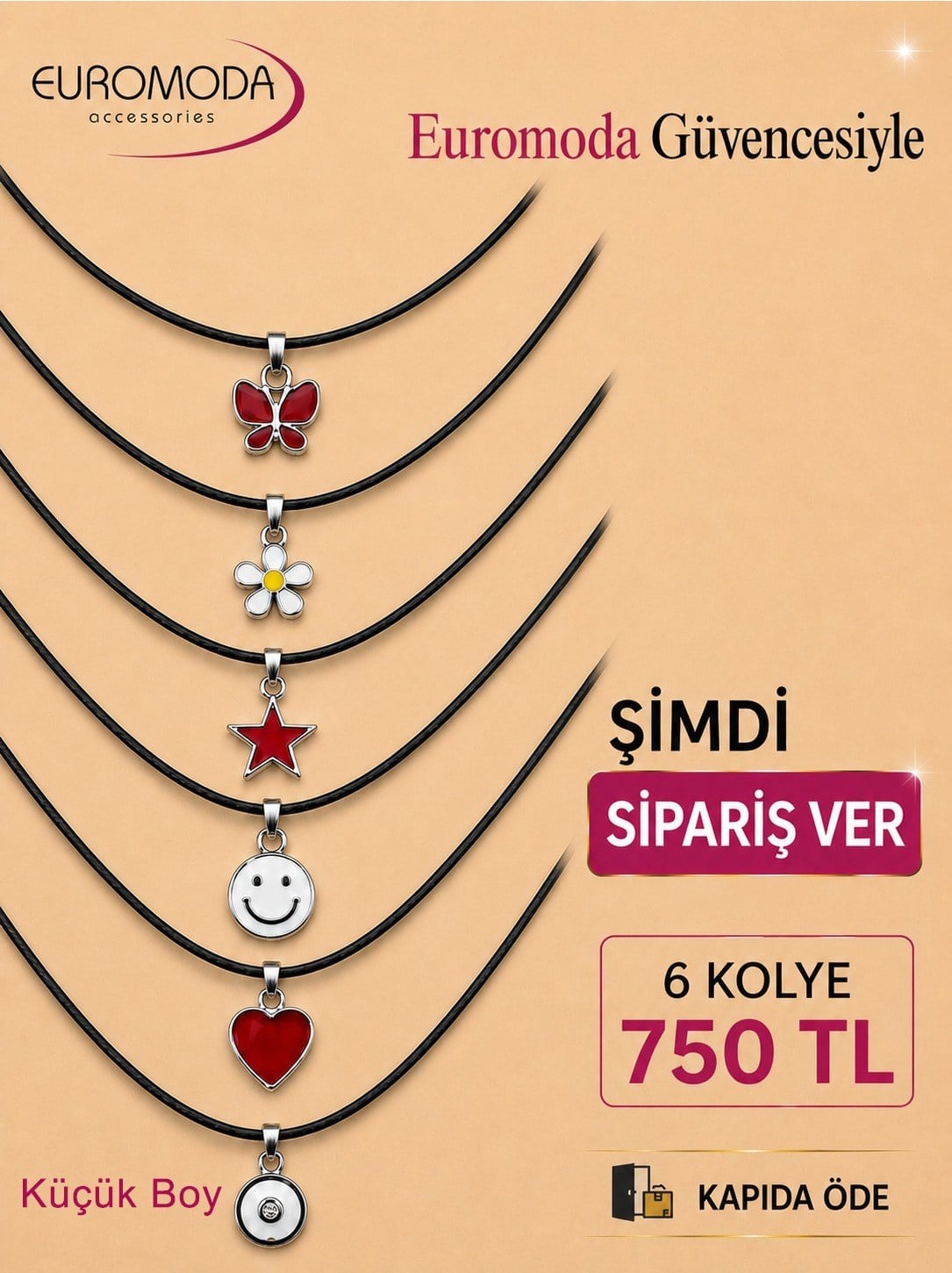 Yıldız Kelebek Papatya Detaylı 6 Adet Deri Kolye