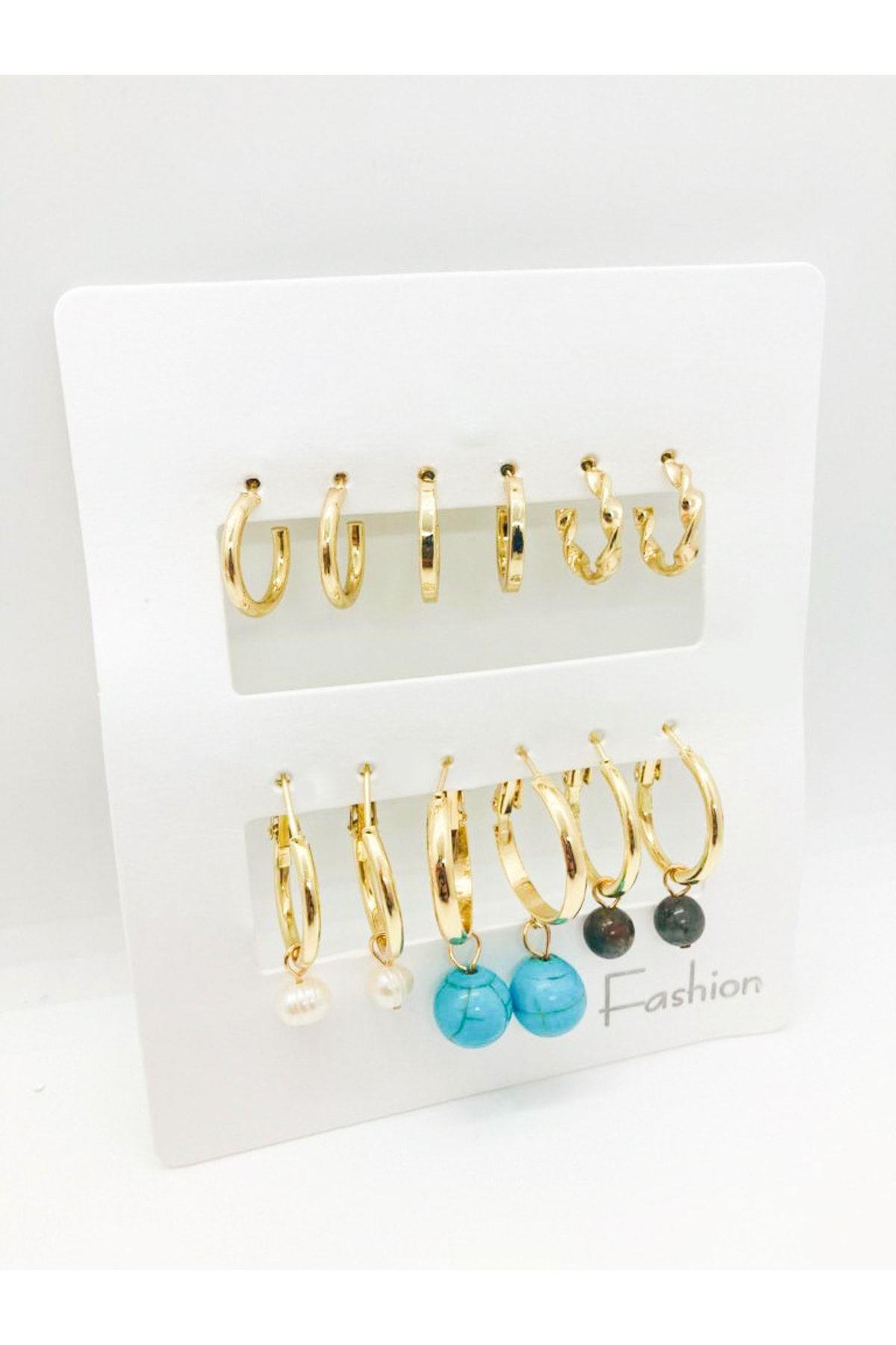 Yuvarlak Tasarımlı İnci ve Boncuk Küpeli ve Halka Küpeli 12 Li Küpe Seti