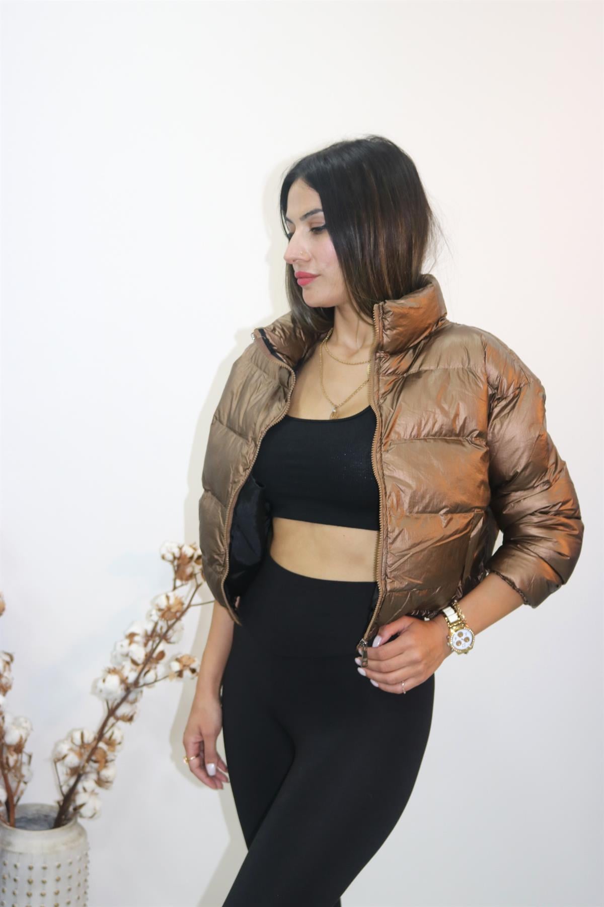BySolocollection Beli lastikli Kısa şişme mont Kahve
