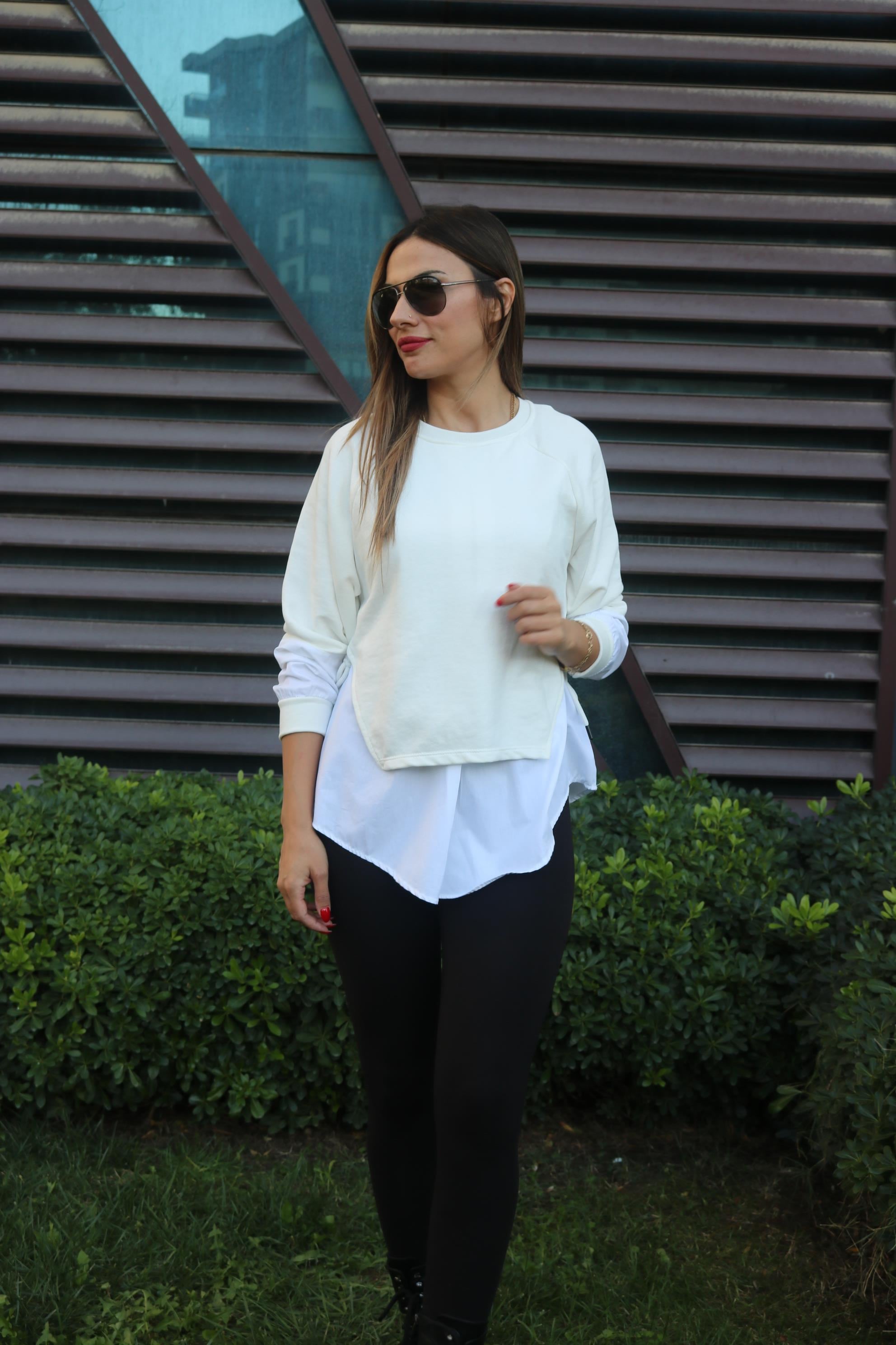 BySoloCollection Gömlek detaylı,Bağlamalı beyaz sweatshirt