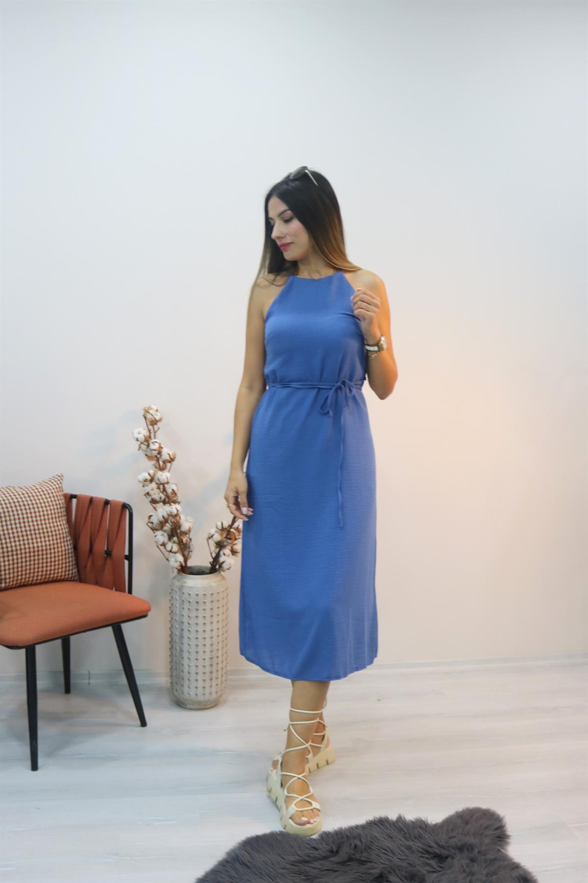 Bysolocollection Mavi Halter Yaka Elbise