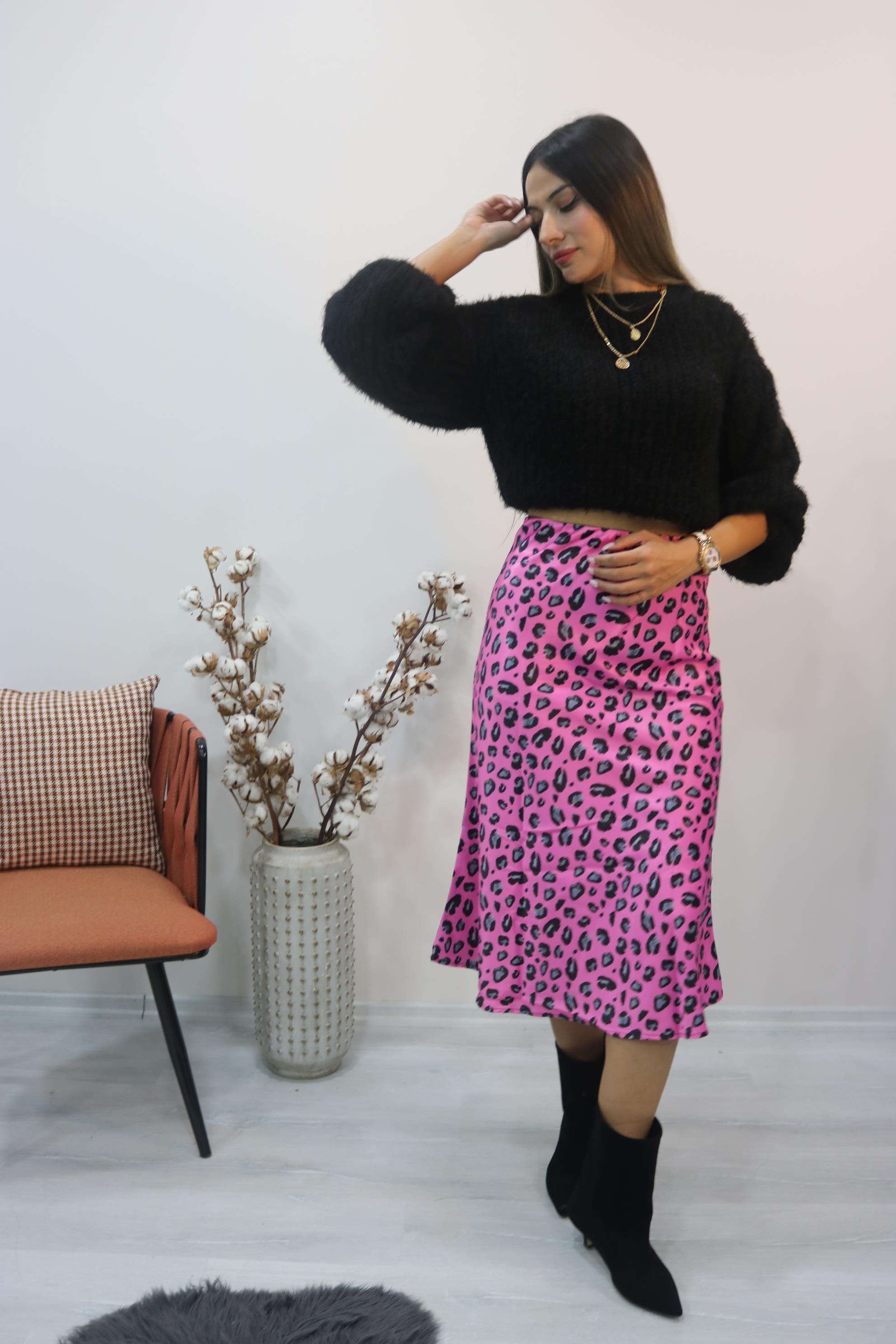 BySoloCollection Pembe leopar desen saten etek