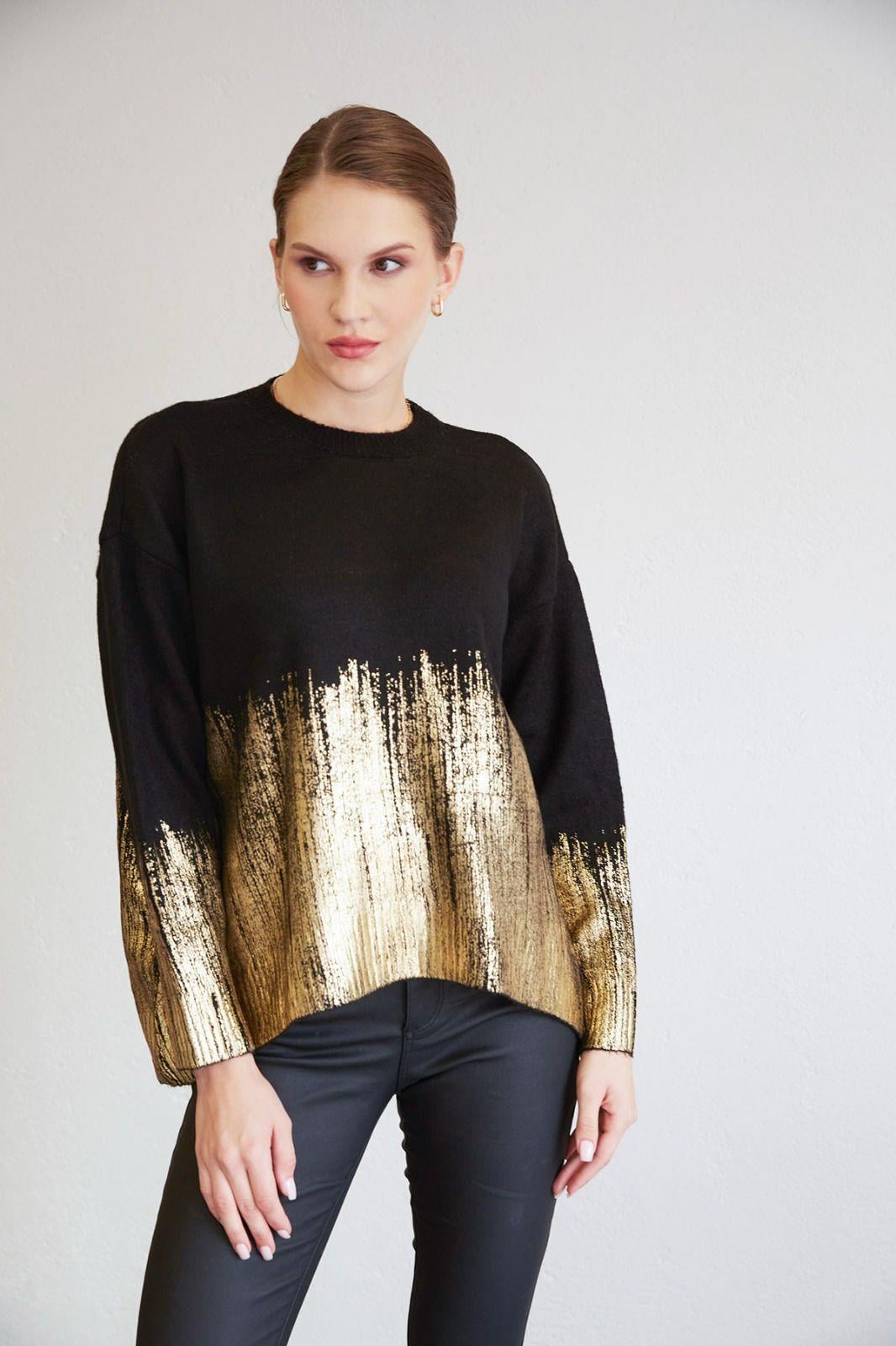 BySoloCollection Varak Baskılı Siyah Gold Kazak