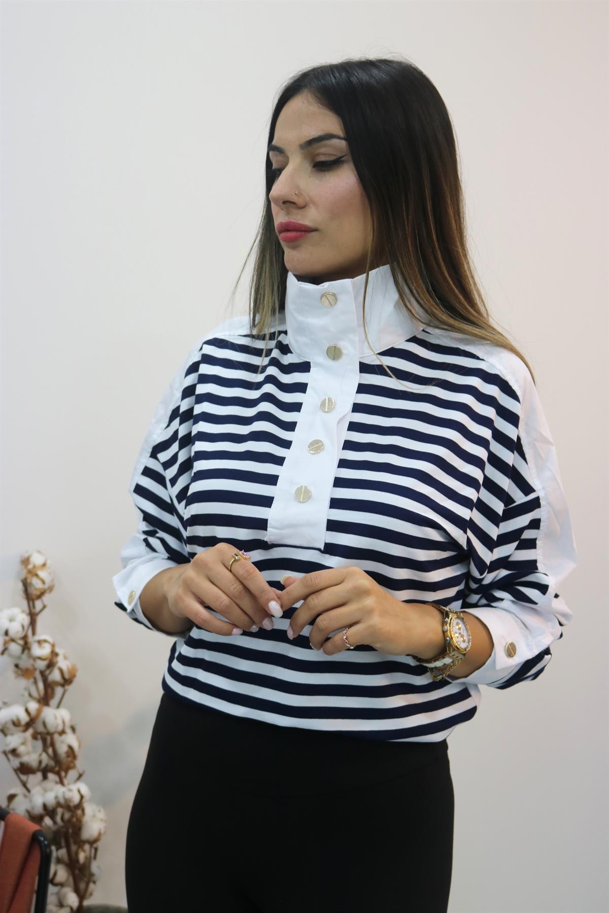 BysolocollectionDik Gömlek Yaka Beyaz Lacivert çizgili Sweatshirt