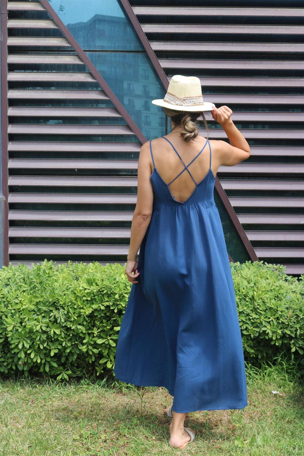 Çift askılı keten lacivert elbise