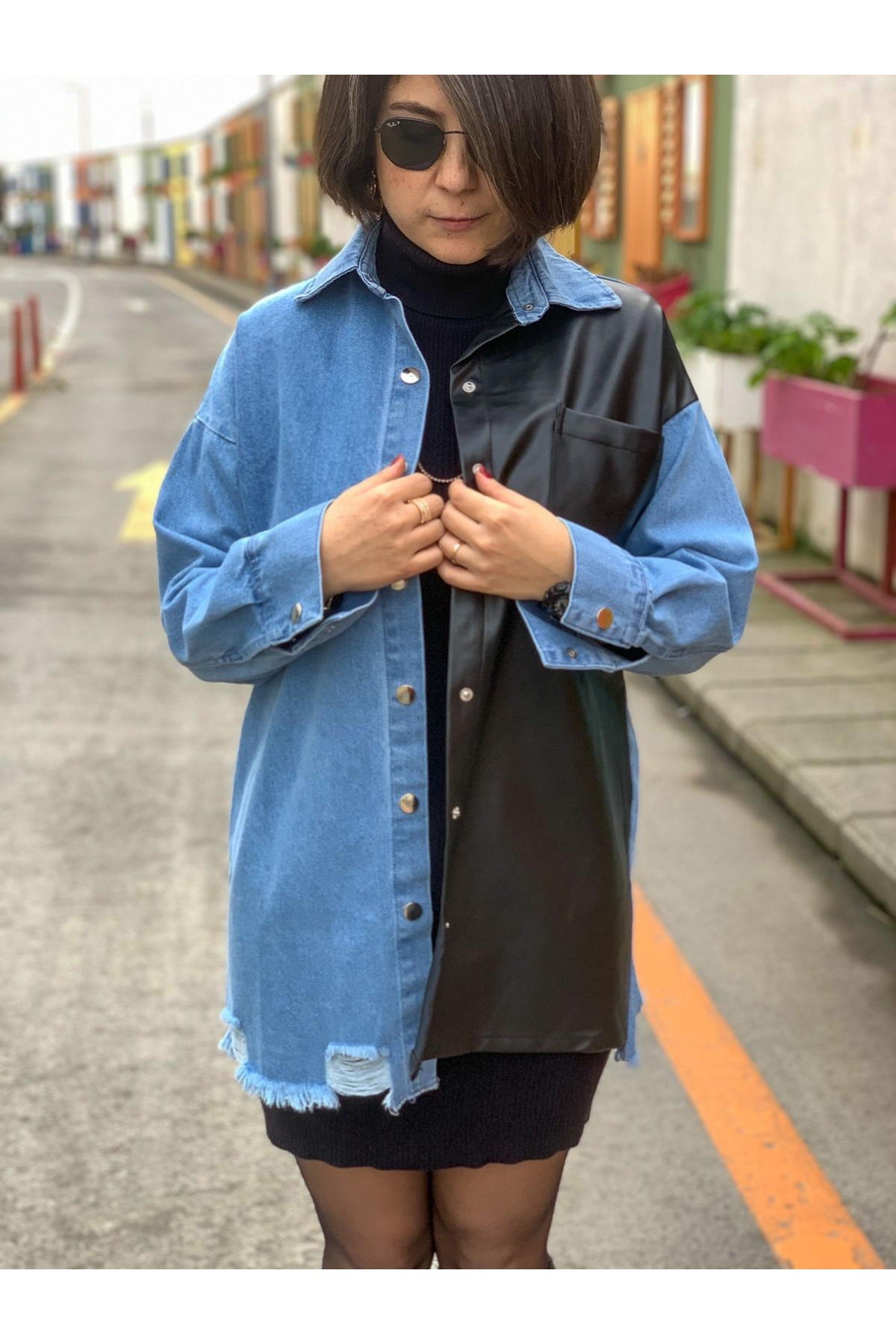 Deri detaylı kot gömlek