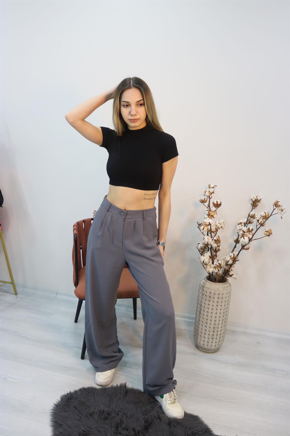 füme Renk Beli Lastikli Krep Kumaş Palazzo Pantolon