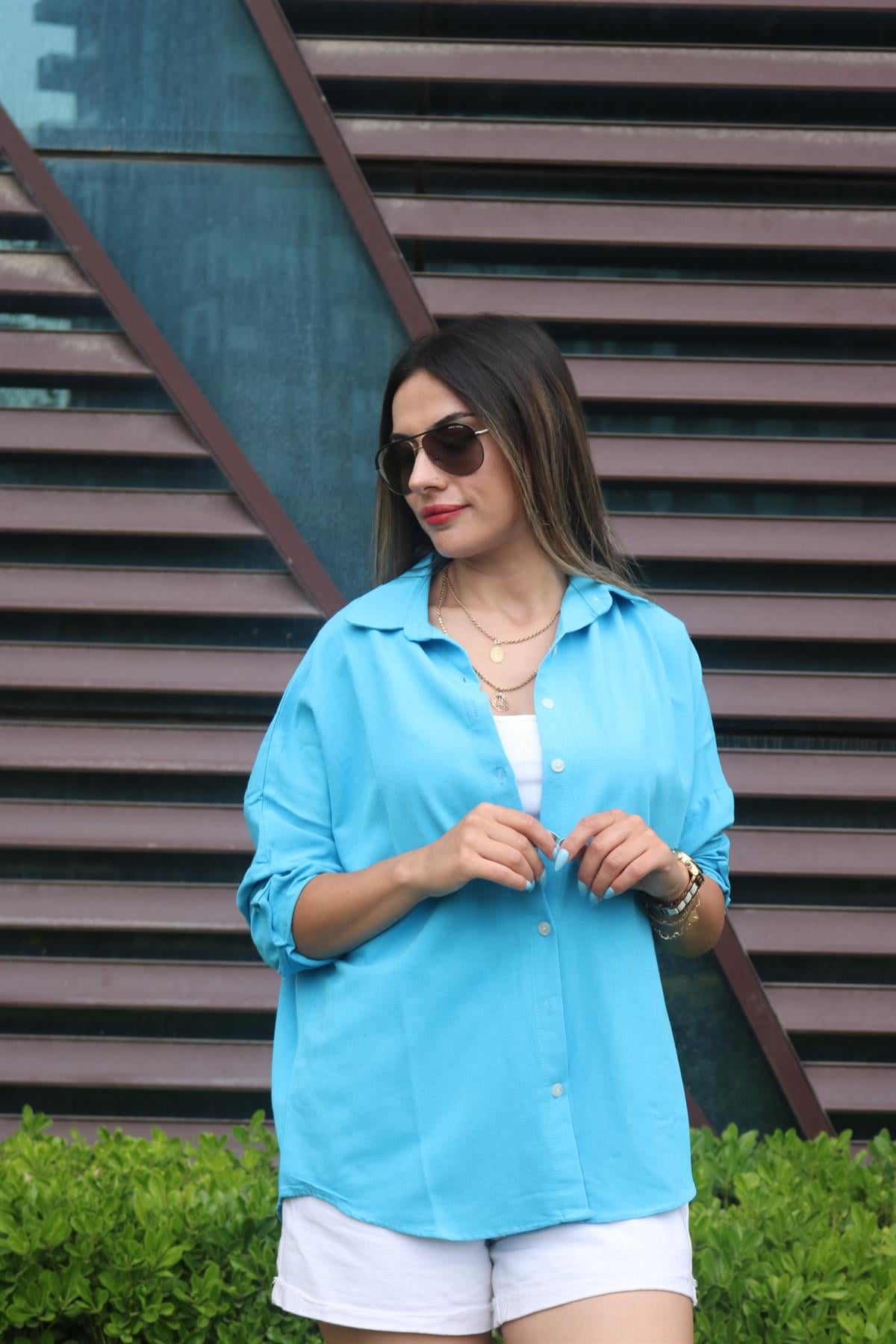 Mavi Keten Oversize Gömlek