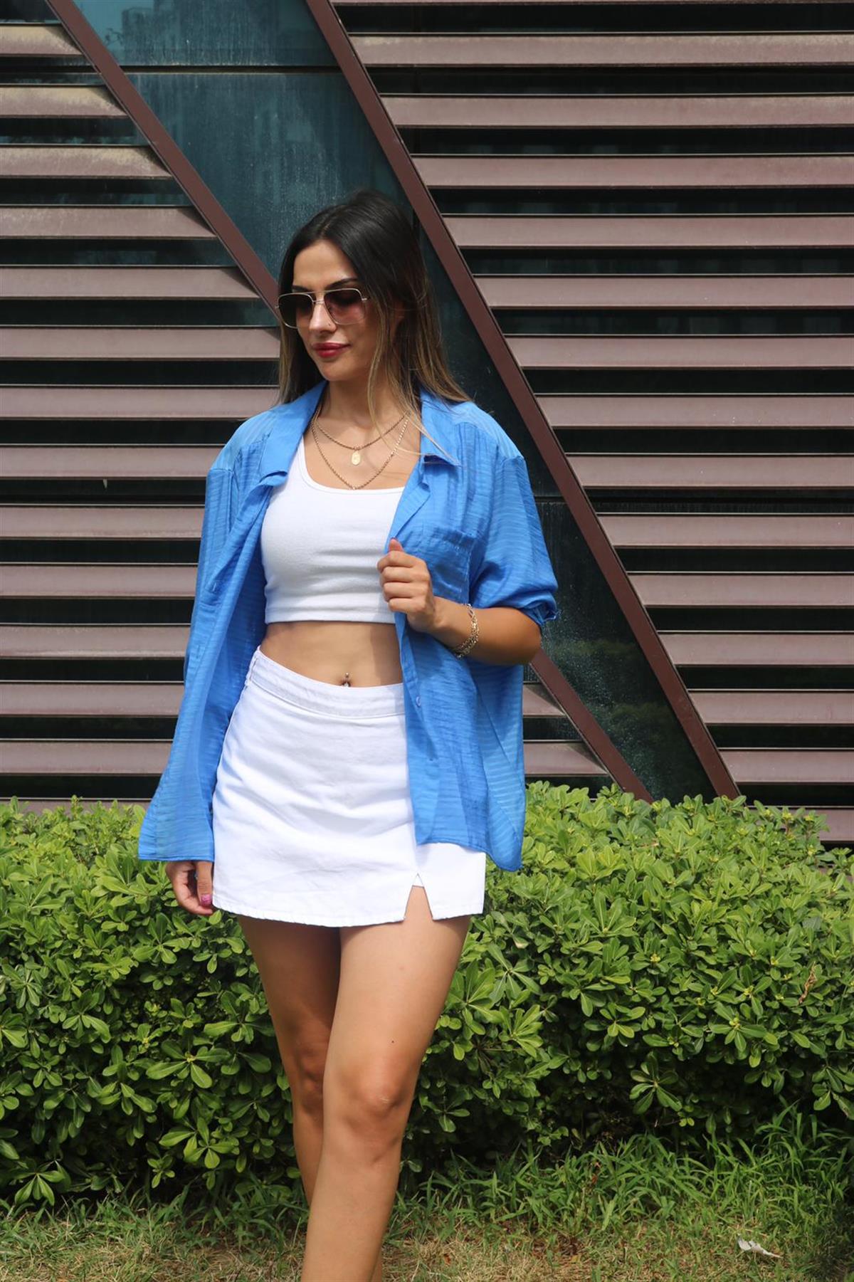 Oversize mavi Kendinden Çizgili gömlek