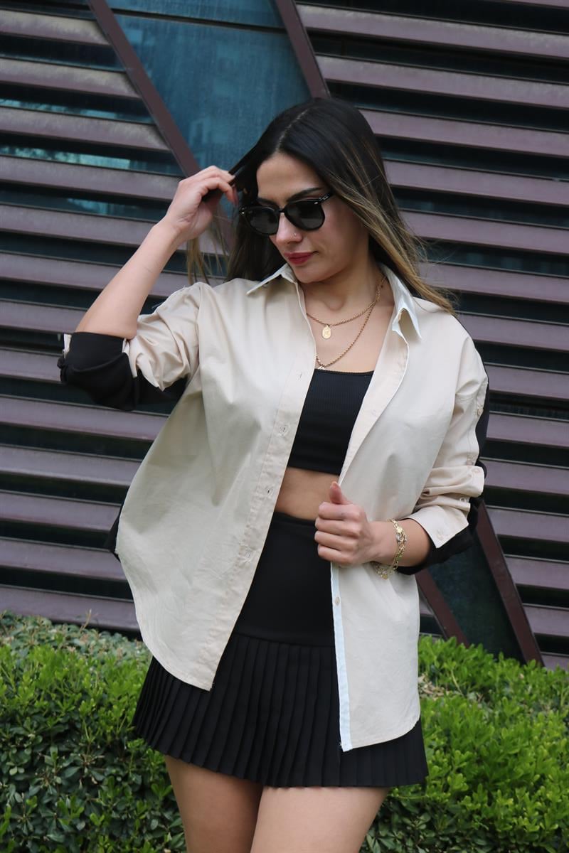 Twst model siyah/bej colorblock poplin gömlek