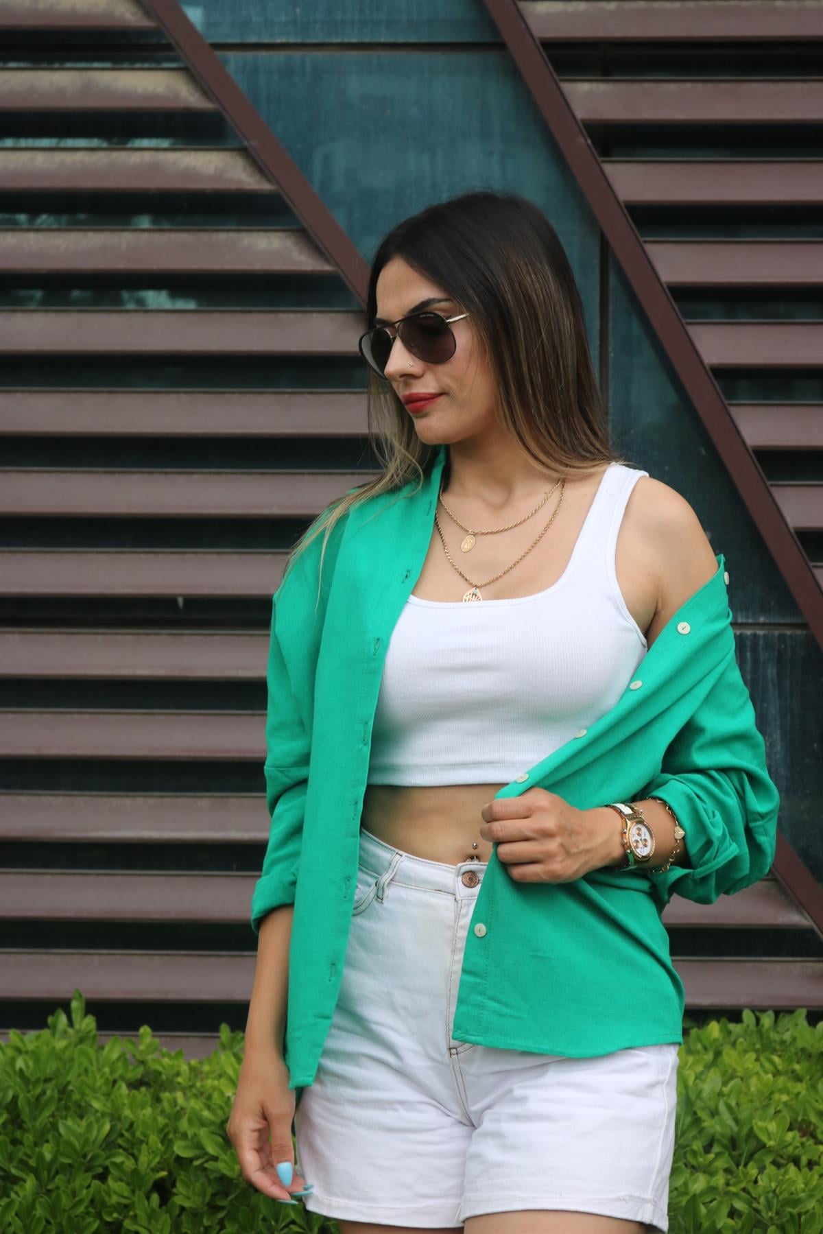 Yeşil Keten Oversize Gömlek