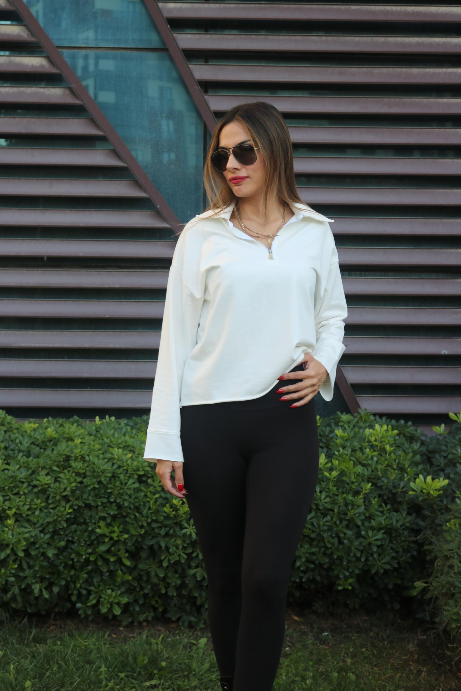 BySoloCollection Basic Model Fermuarlı Beyaz Sweatshirt