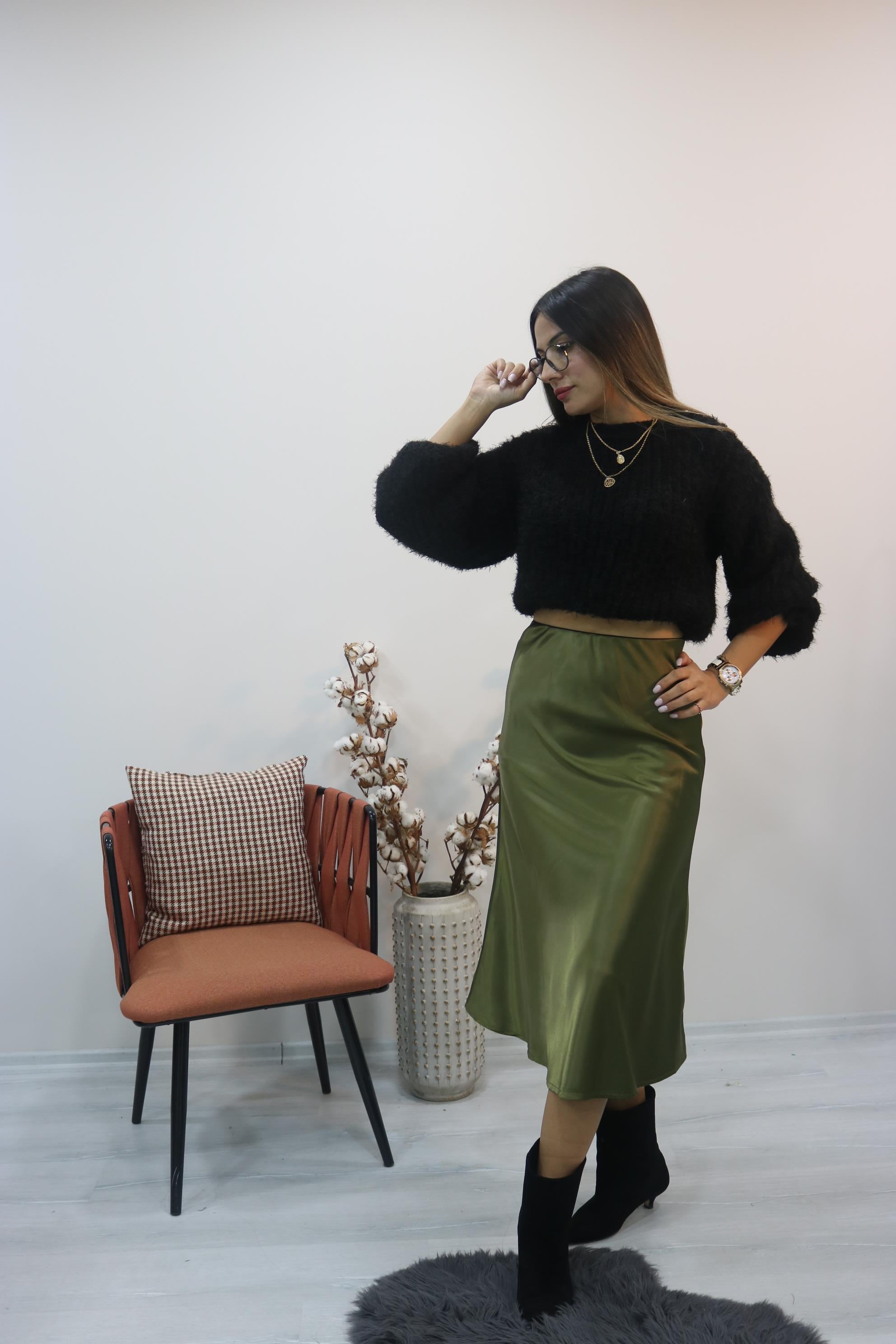 BySoloCollection Yeşil beli lastikli saten etek