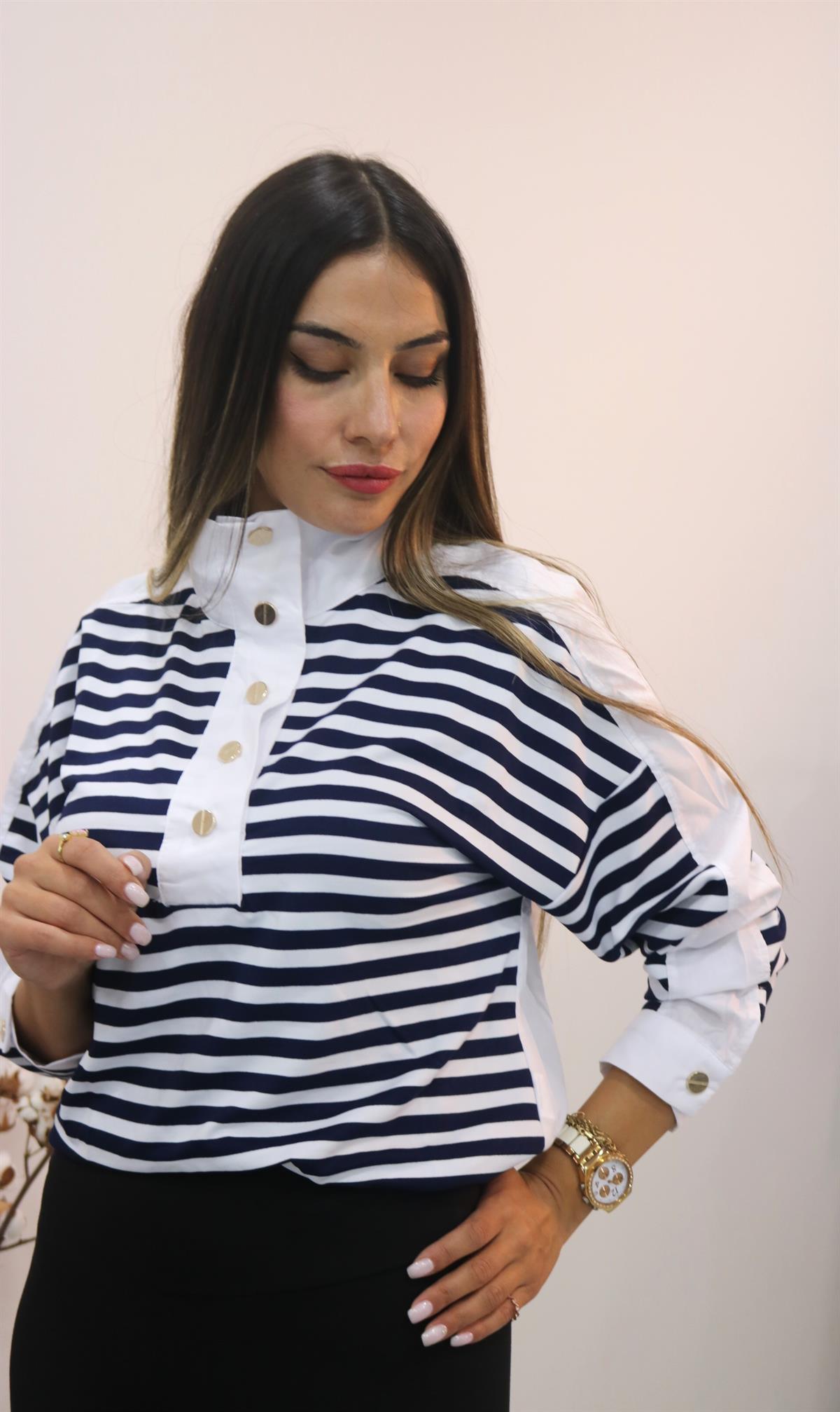 BysolocollectionDik Gömlek Yaka Beyaz Lacivert çizgili Sweatshirt