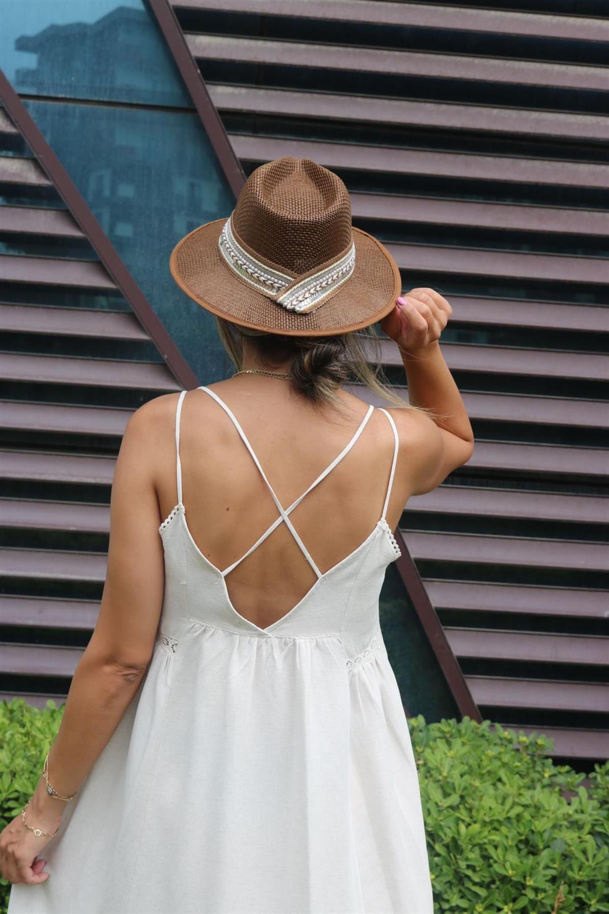 Çift askılı keten taş renk elbise